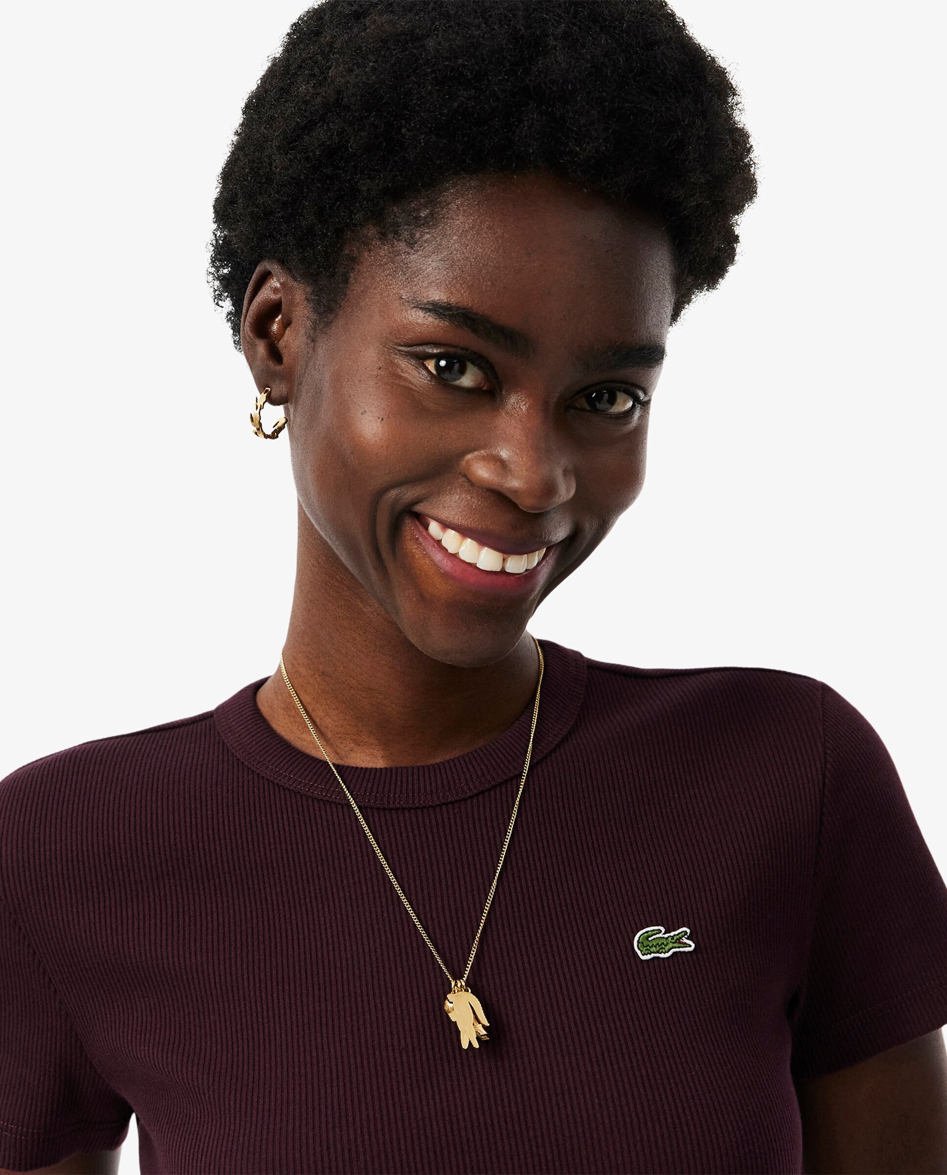 Camiseta de mujer de canalé de algodón de corte ajustado de manga corta - Lacoste - Marrón Marrón-3