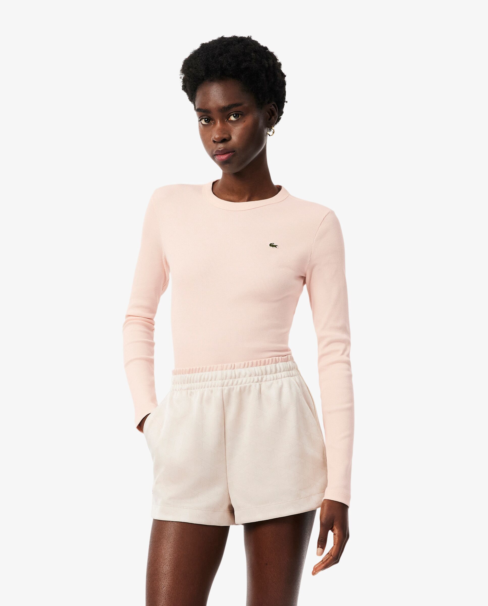 Camiseta de mujer de canalé de algodón de corte ajustado de manga larga - Lacoste - Rosa Rosa-1