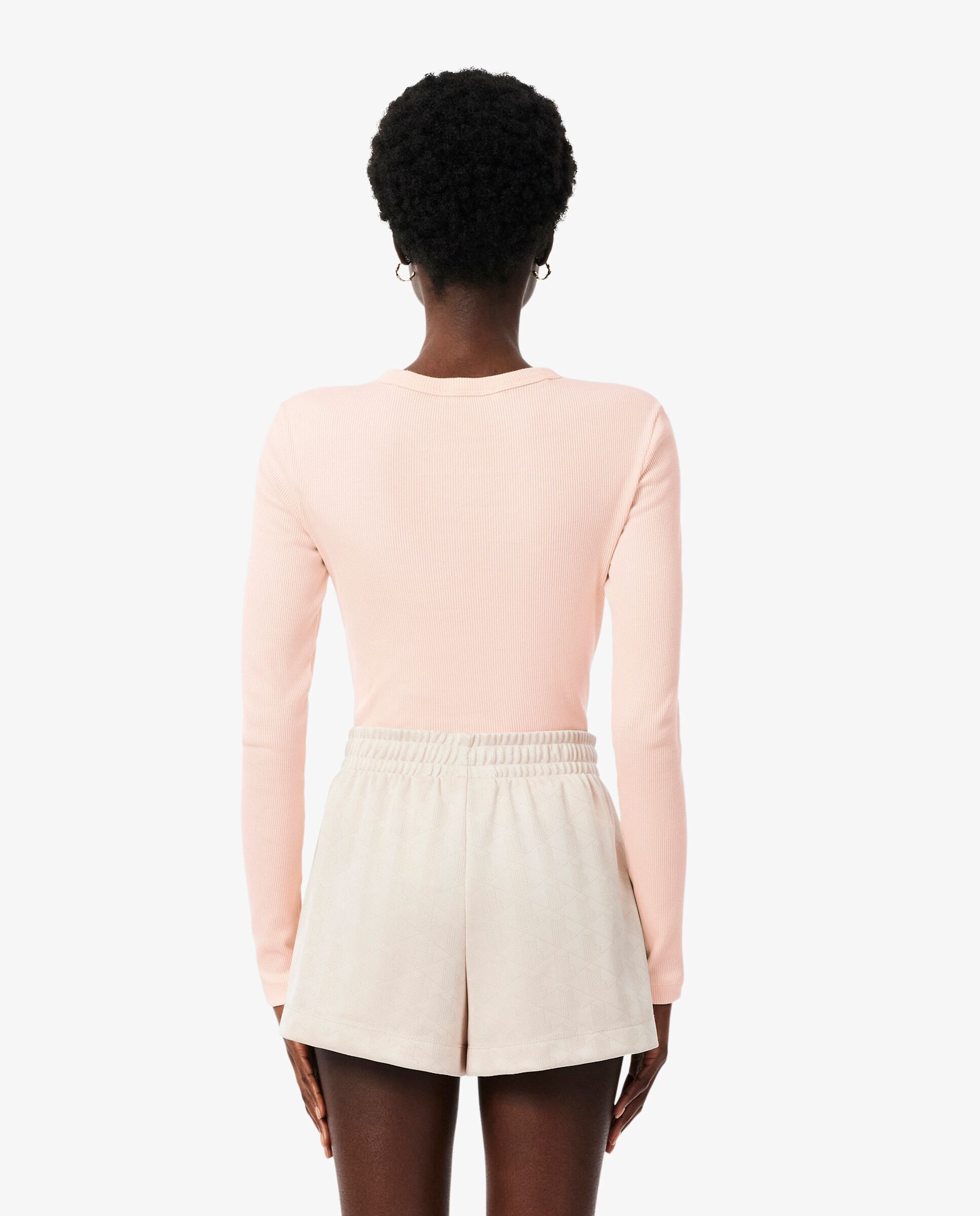 Camiseta de mujer de canalé de algodón de corte ajustado de manga larga - Lacoste - Rosa Rosa-2