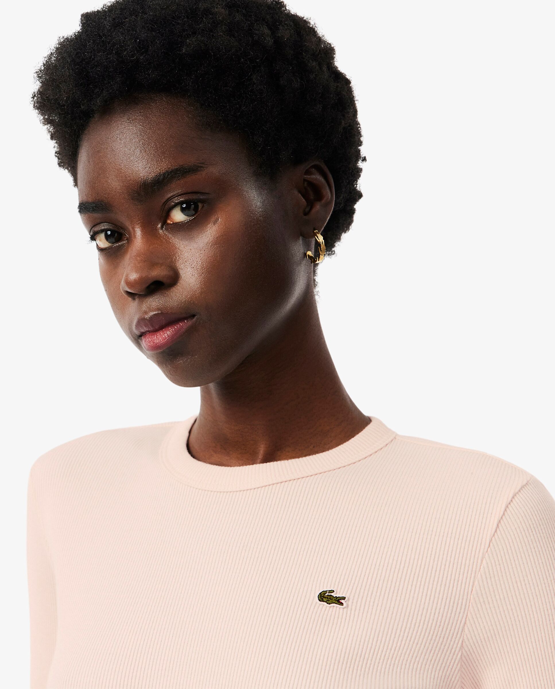 Camiseta de mujer de canalé de algodón de corte ajustado de manga larga - Lacoste - Rosa Rosa-3