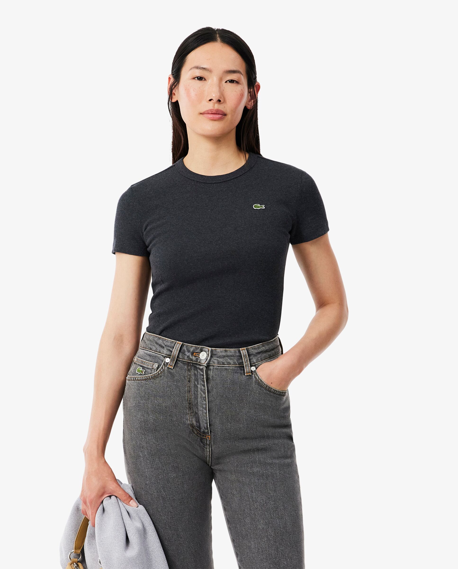 Camiseta de mujer de canalé de algodón de corte ajustado de manga corta - Lacoste - Gris Gris-1