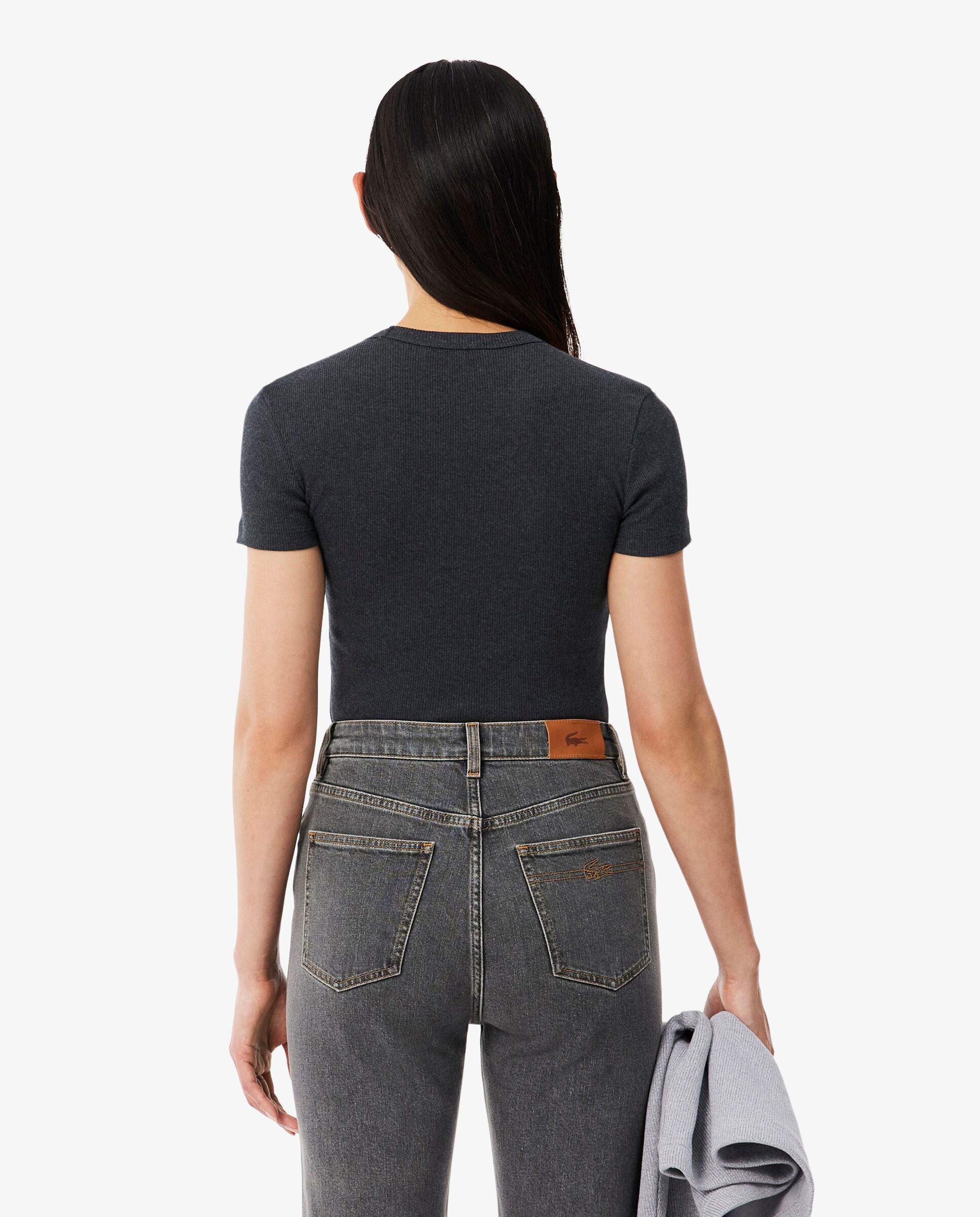 Camiseta de mujer de canalé de algodón de corte ajustado de manga corta - Lacoste - Gris Gris-2