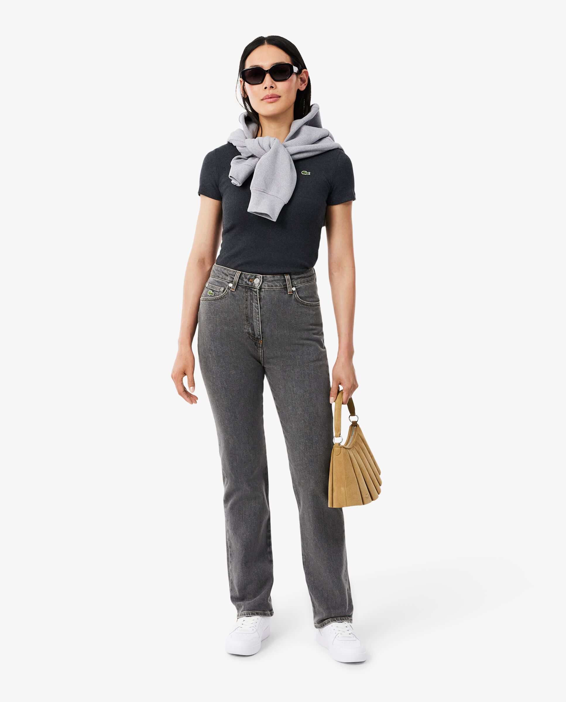 Camiseta de mujer de canalé de algodón de corte ajustado de manga corta - Lacoste - Gris Gris-4