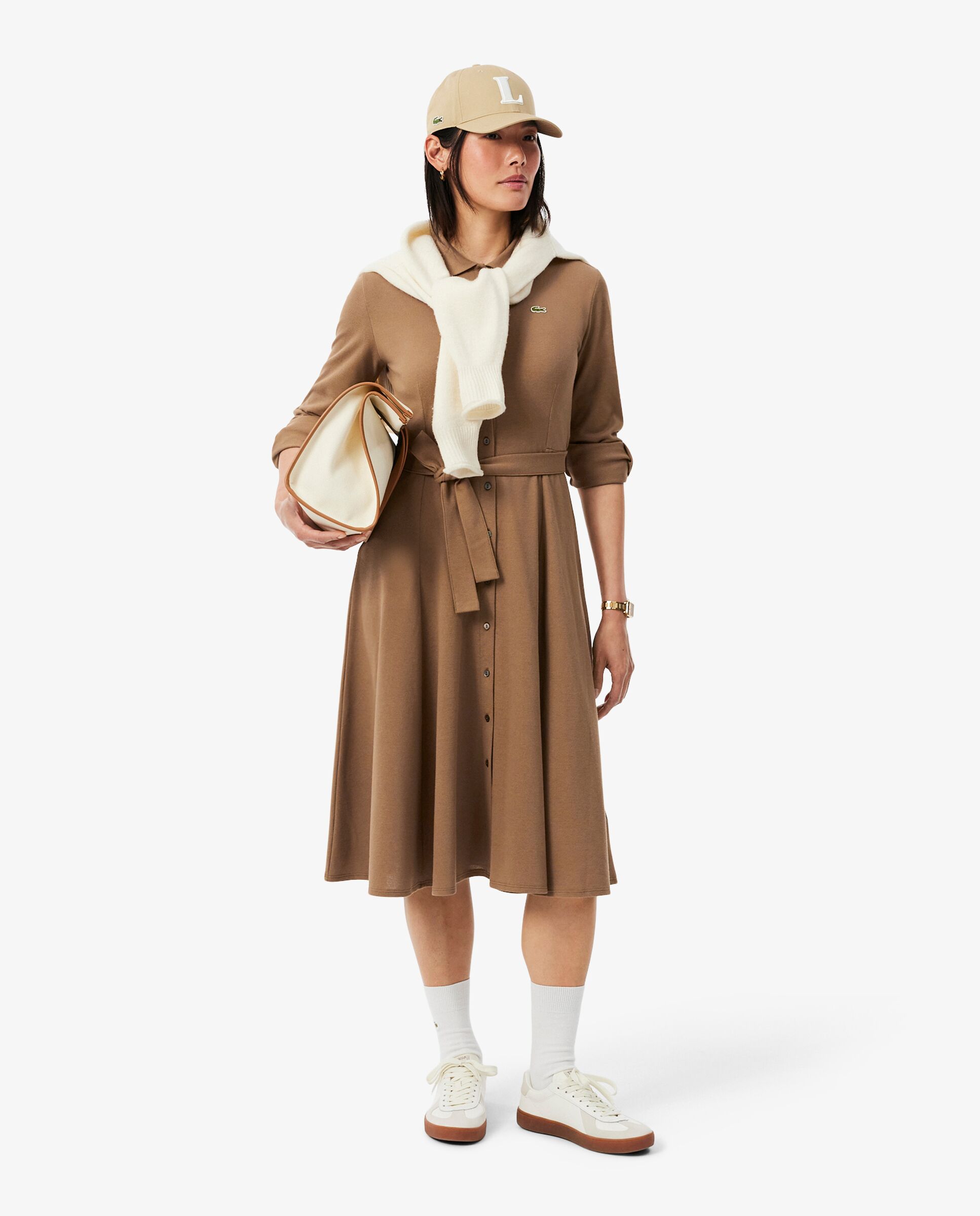 Vestido de petit piqué con cinturón de mujer y cuello polo de mujer en marrón de manga larga - Lacoste - Marrón Marrón-4