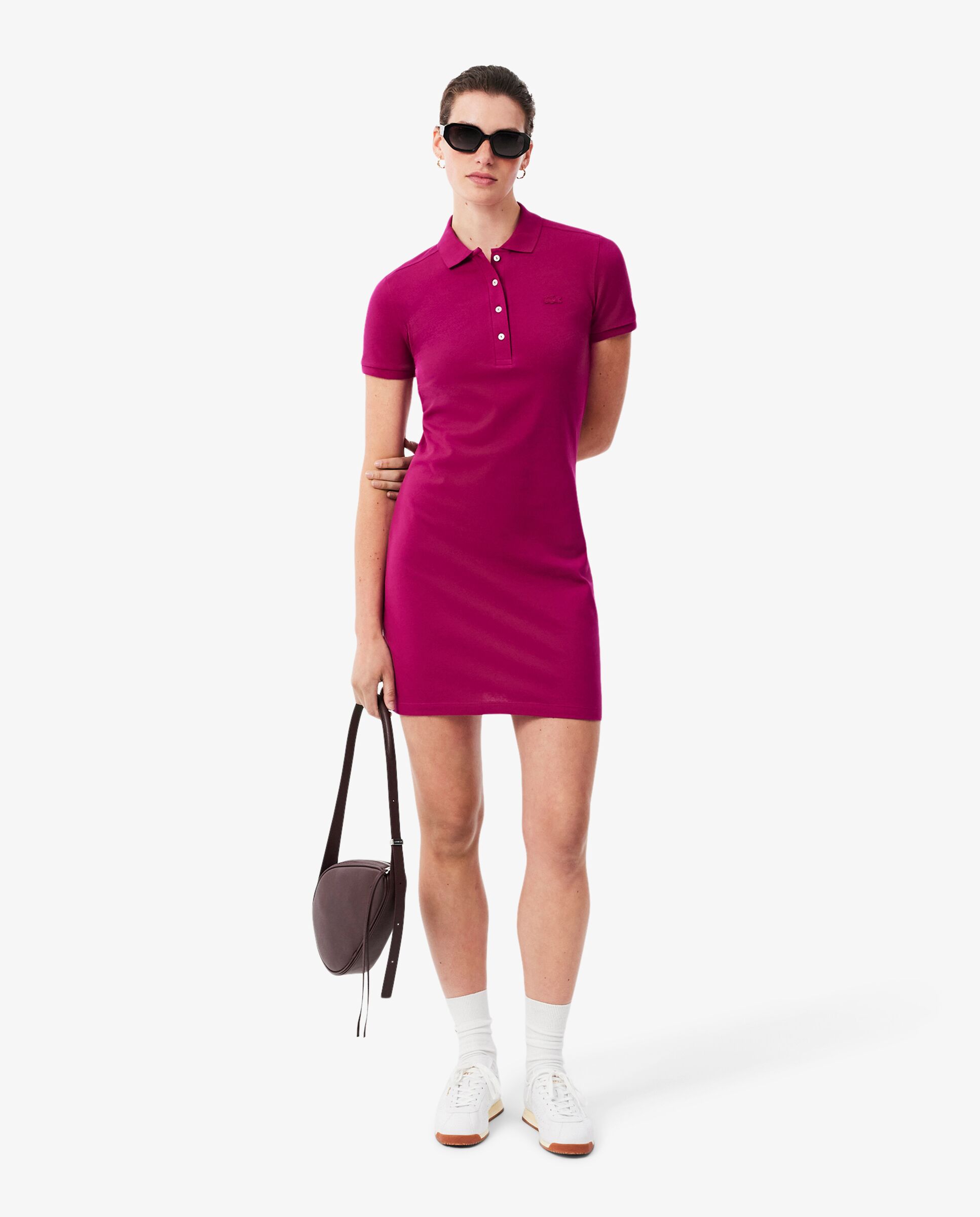 Imagen 4 de Vestido polo de mujer de corte ajustado de minipiqué elástico de manga corta - Rosa Rosa
