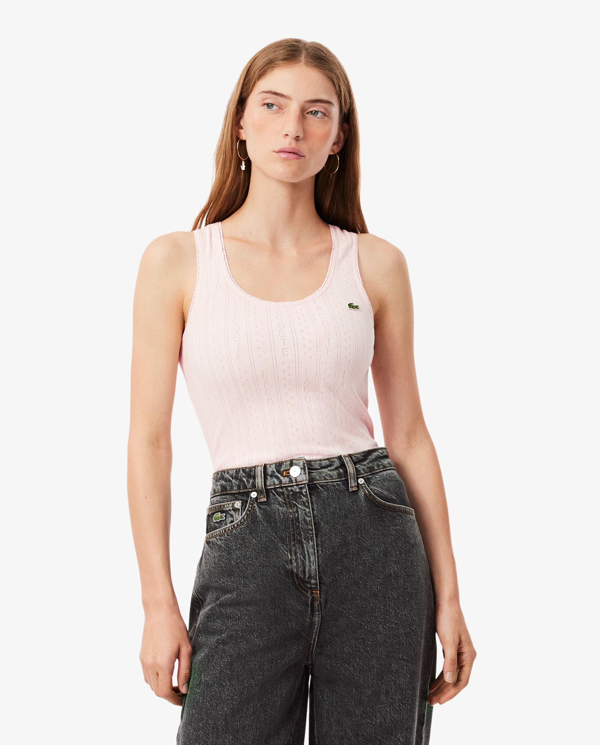 Top de tirantes de corte ajustado de punto algodón pointelle en rosa de manga corta - Lacoste - Rosa Rosa-1