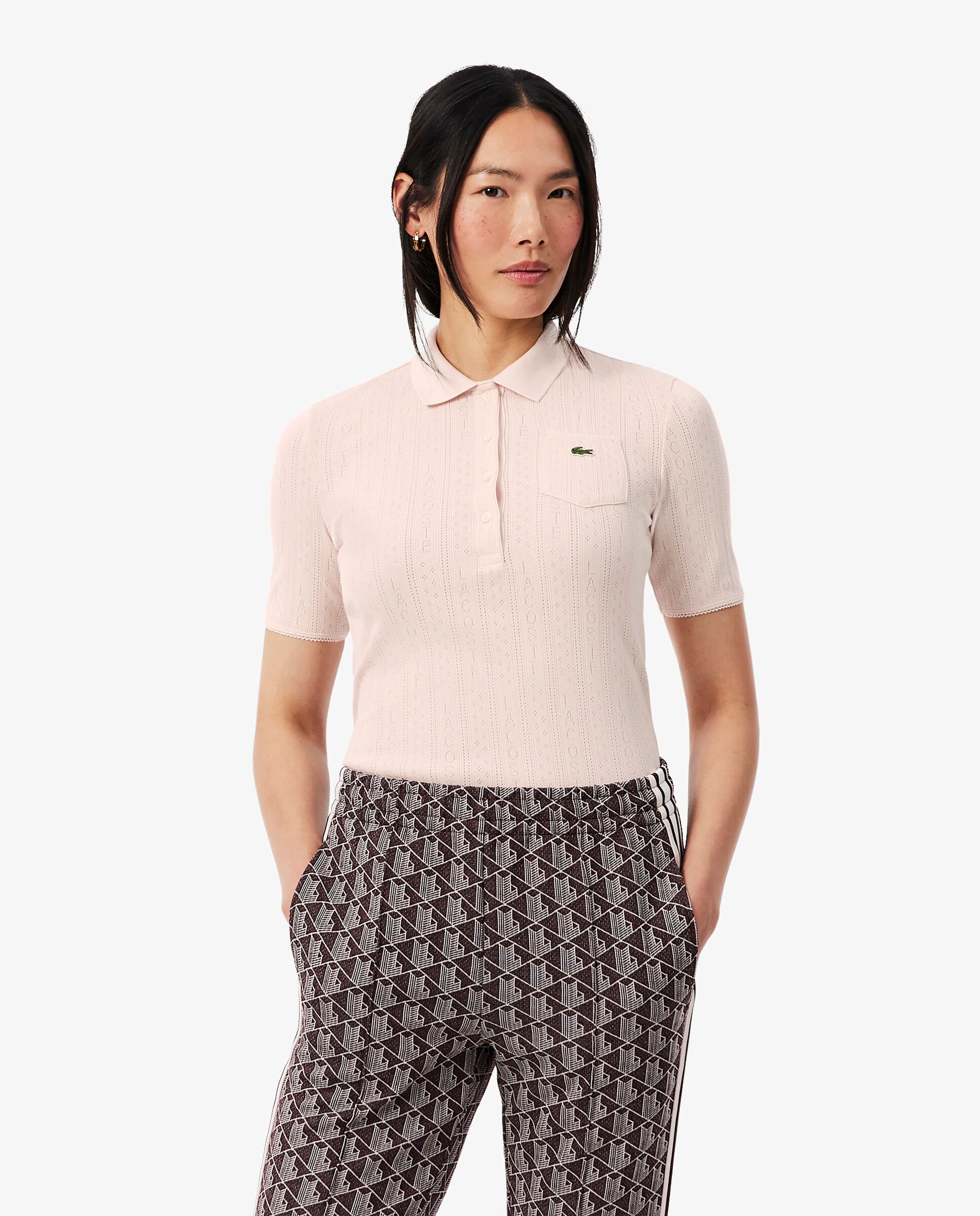 Polo de mujer de punto pointelle de corte ajustado en rosa de manga corta - Lacoste - Rosa Rosa-1