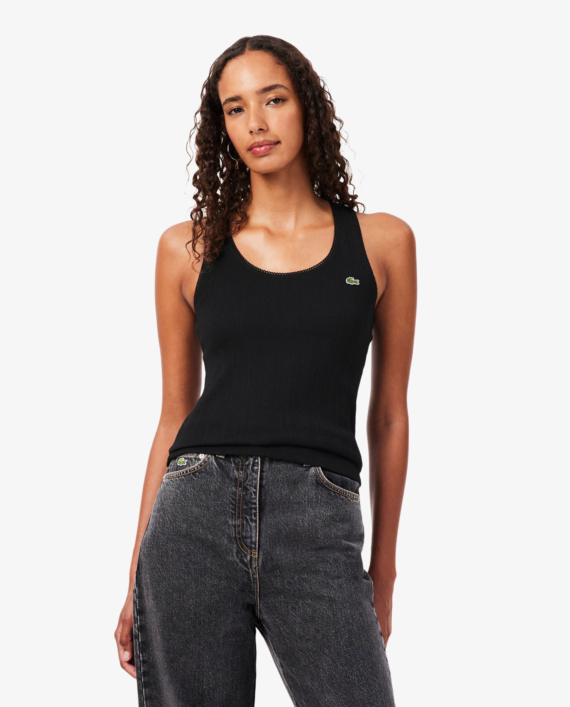 Top de tirantes de corte ajustado de punto algodón pointelle en rosa de manga corta - Lacoste - Negro Negro-1