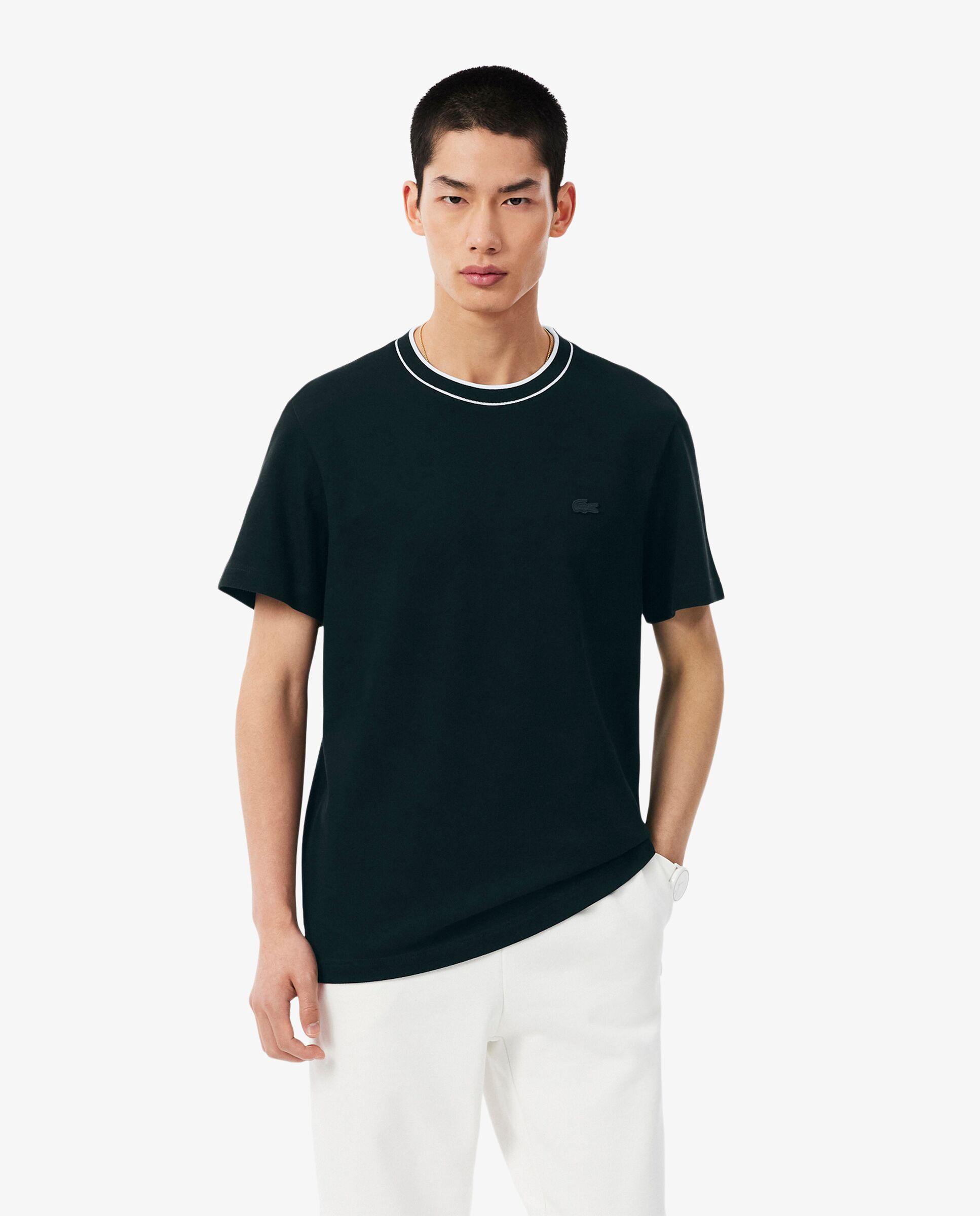 Imagen 0 de Camiseta de hombre de piqué elástico con cuello de rayas de manga corta Verde oscuro