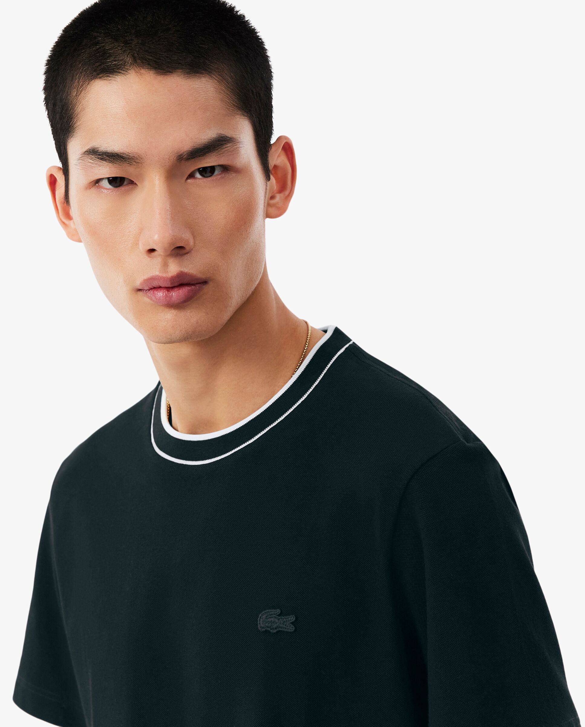 Camiseta de hombre de piqué elástico con cuello de rayas de manga corta - Lacoste - Verde oscuro Verde oscuro-3