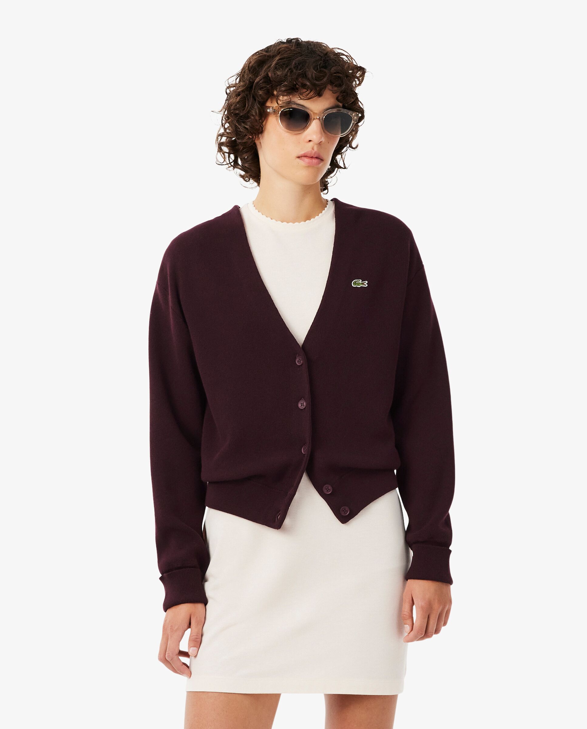 Chaqueta de mujer de punto musgo de algodón con cuello de pico en azul de manga larga - Lacoste - Marrón Marrón-1