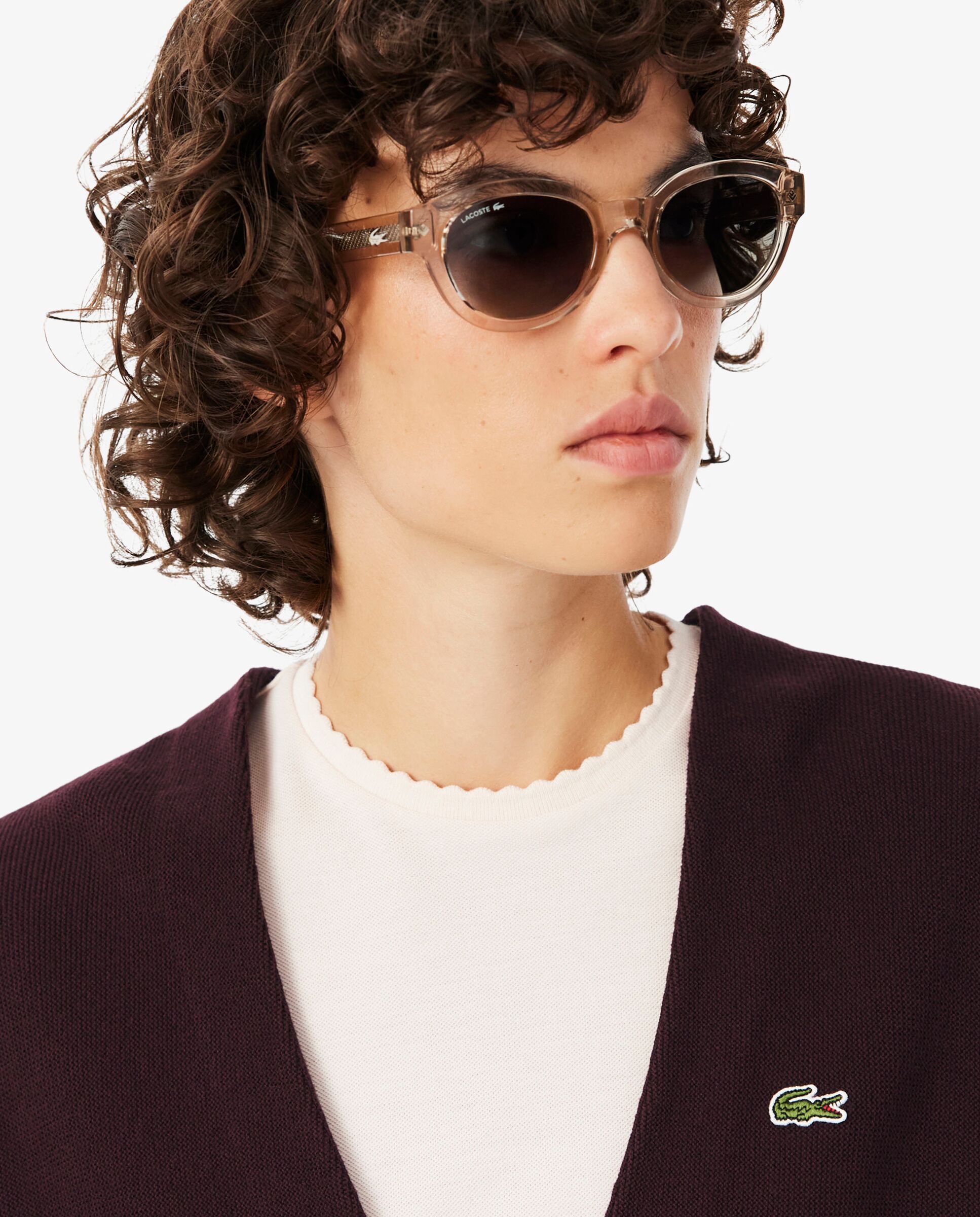 Chaqueta de mujer de punto musgo de algodón con cuello de pico en azul de manga larga - Lacoste - Marrón Marrón-3