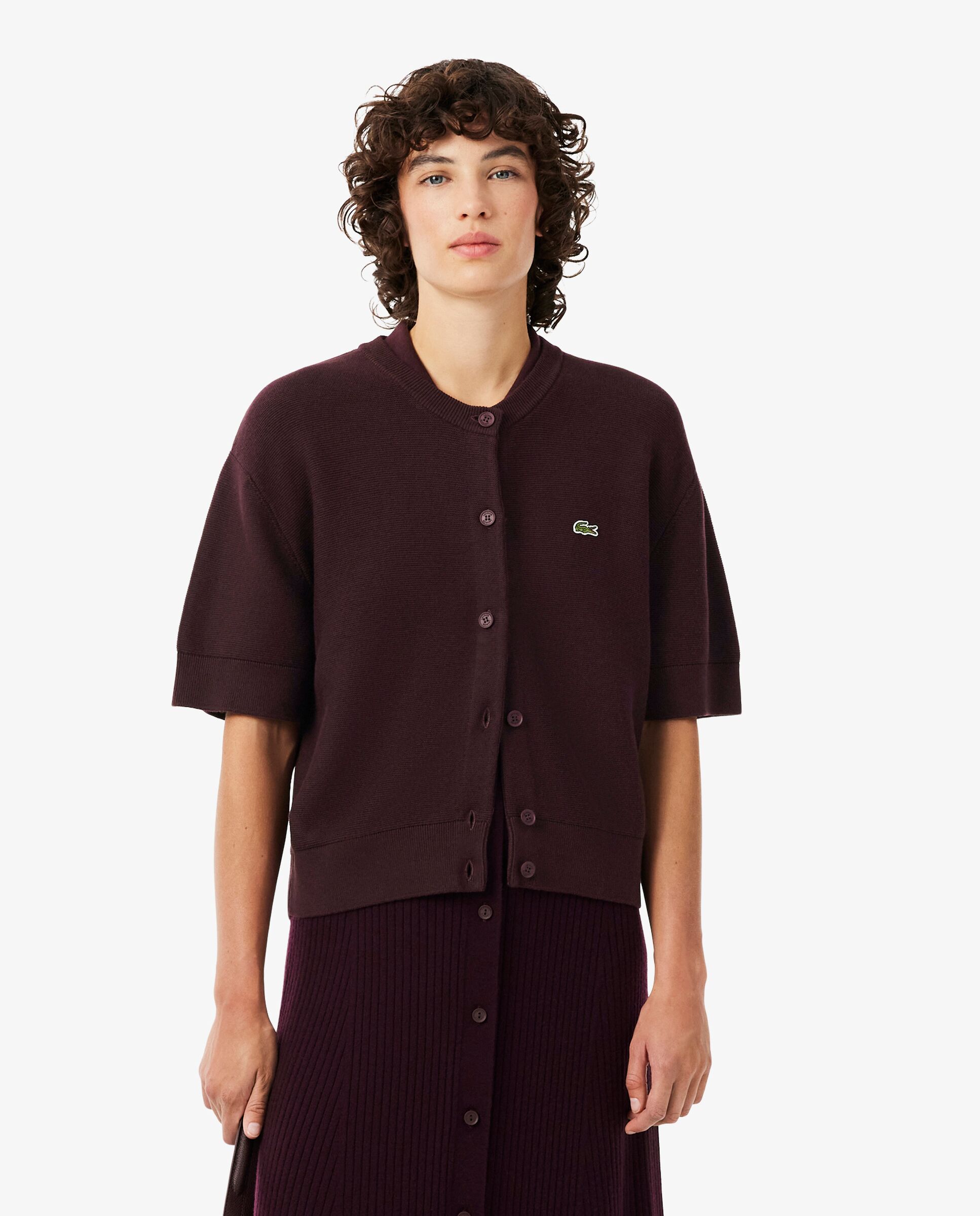 Chaqueta de mujer de punto musgo de mezcla de lana y algodón en marrón de manga corta - Lacoste - Marrón Marrón-1