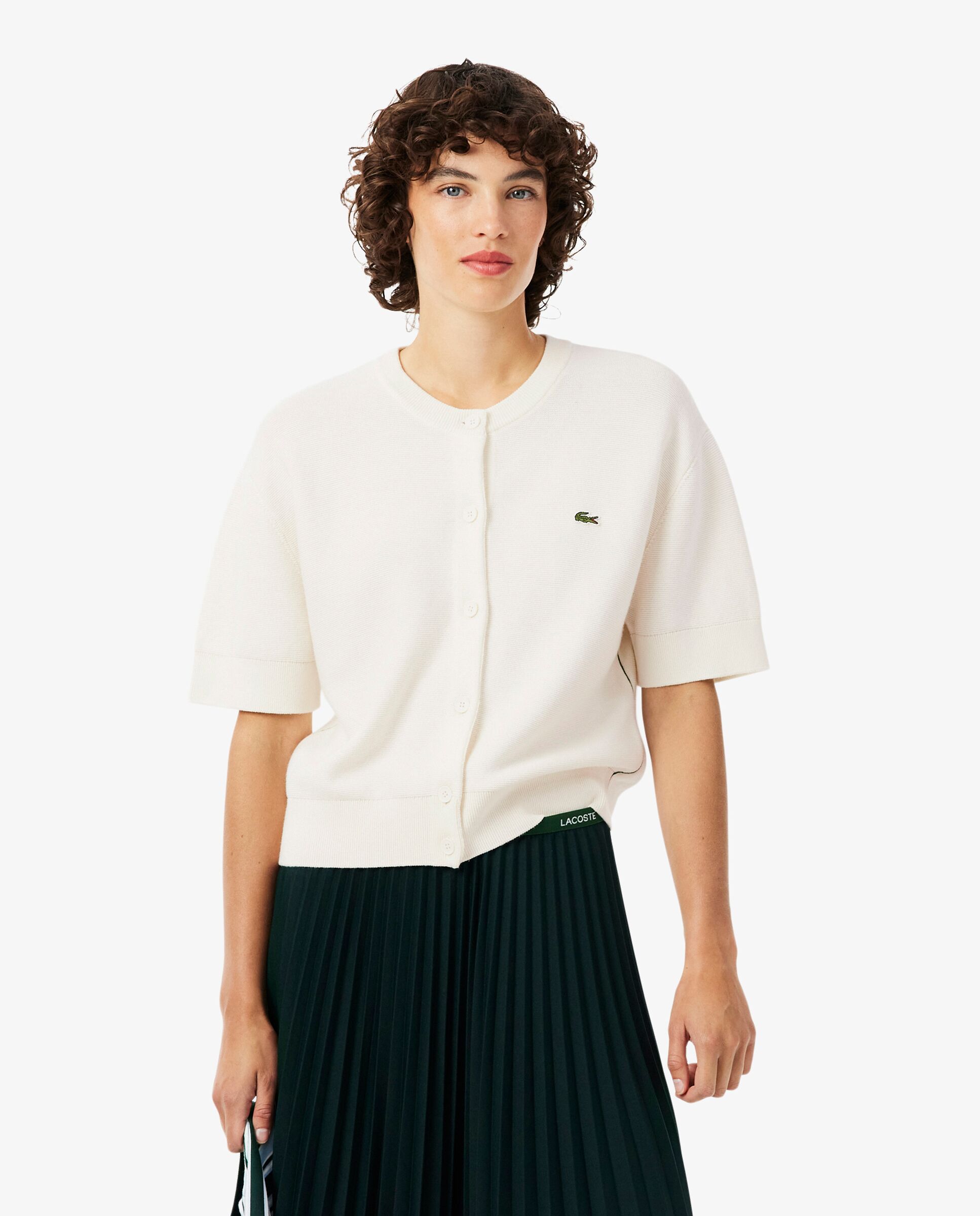 Chaqueta de mujer de punto musgo de mezcla de lana y algodón en marrón de manga corta - Lacoste - Blanco Blanco-1