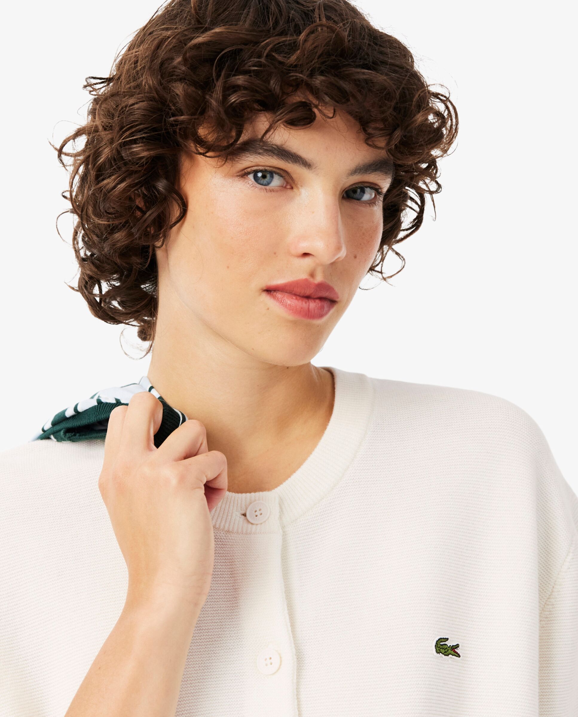 Chaqueta de mujer de punto musgo de mezcla de lana y algodón en marrón de manga corta - Lacoste - Blanco Blanco-3