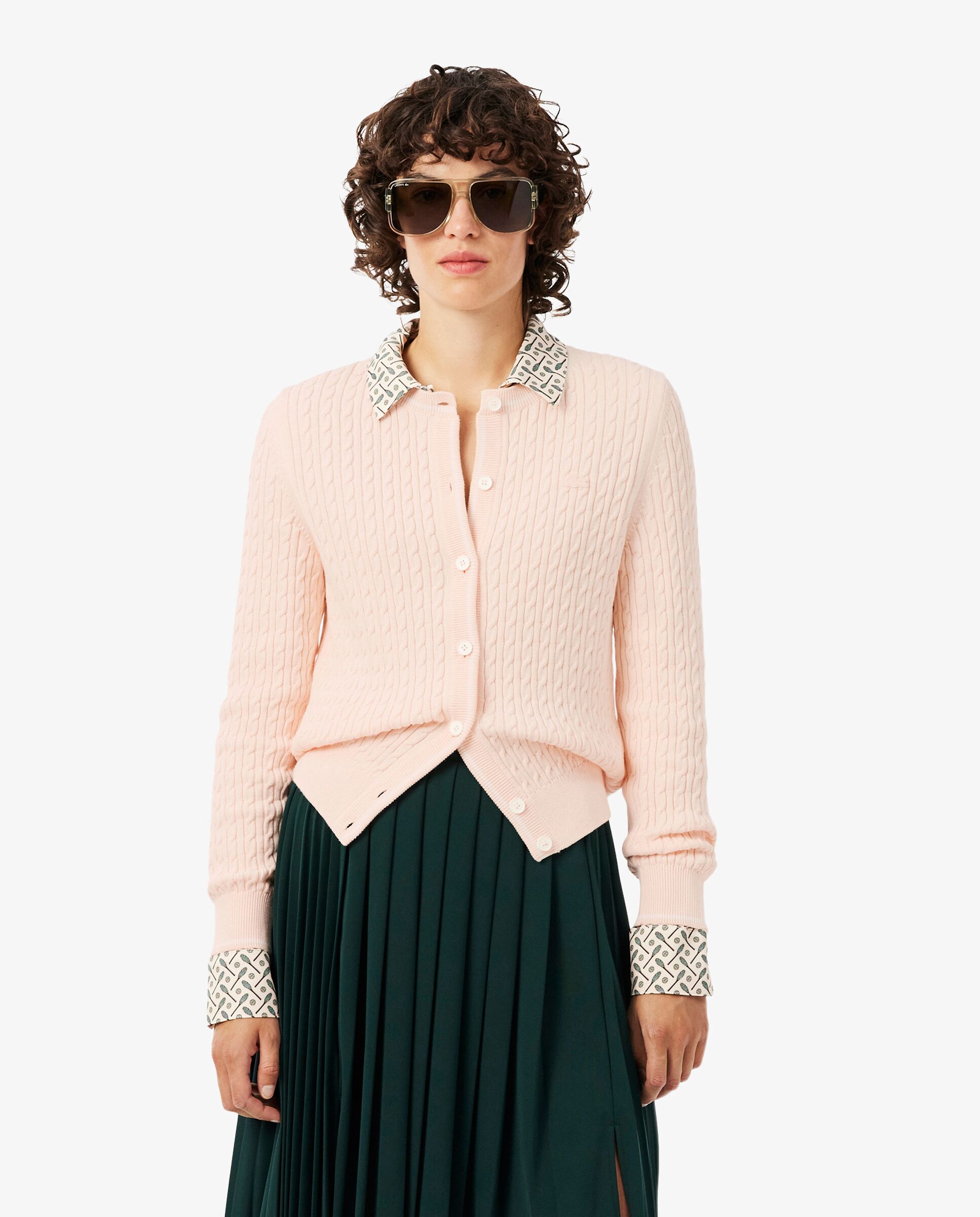 Chaqueta de mujer de punto de rayas con motivo de ochos en verde de manga larga - Lacoste - Rosa Rosa-1
