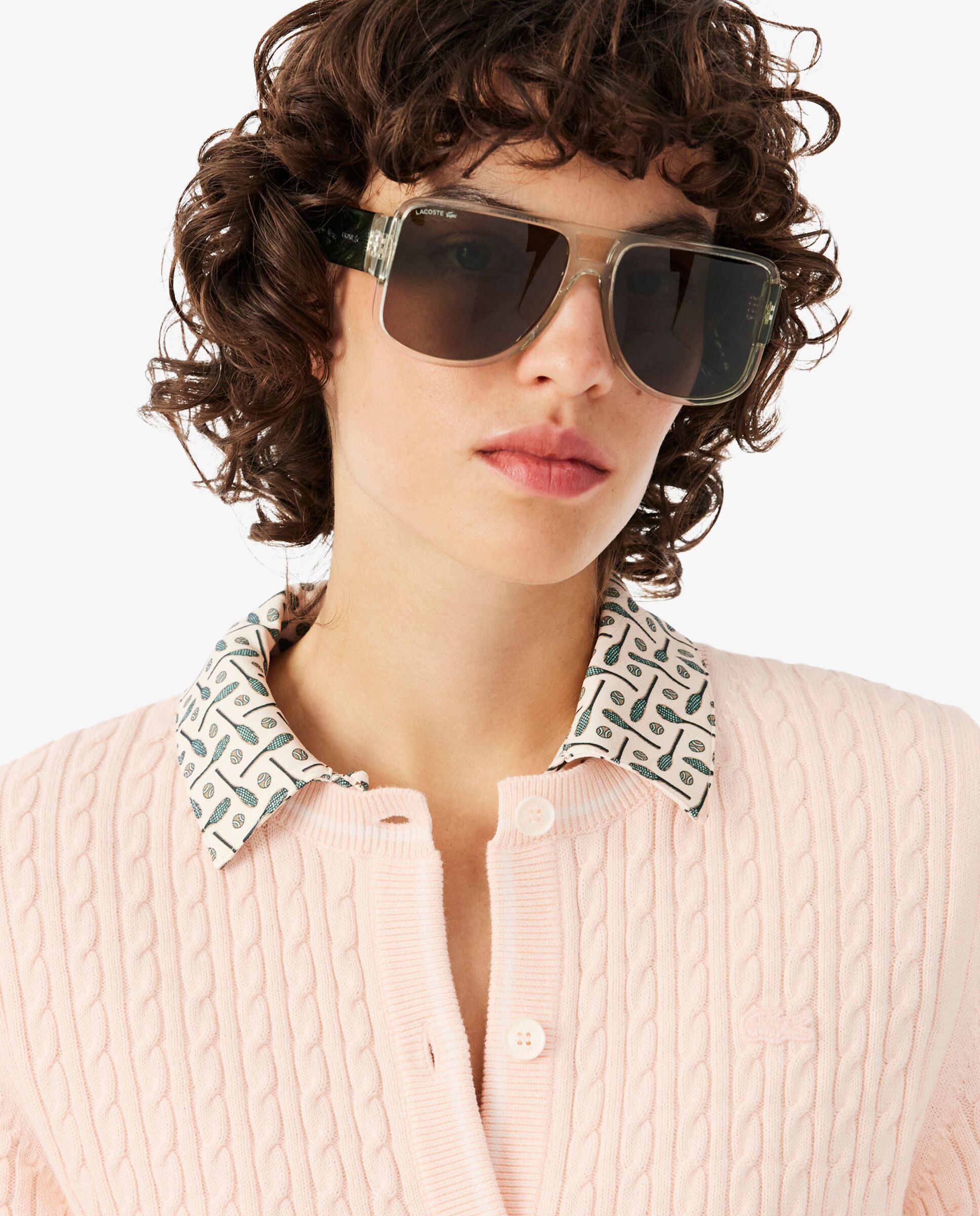 Chaqueta de mujer de punto de rayas con motivo de ochos en verde de manga larga - Lacoste - Rosa Rosa-3