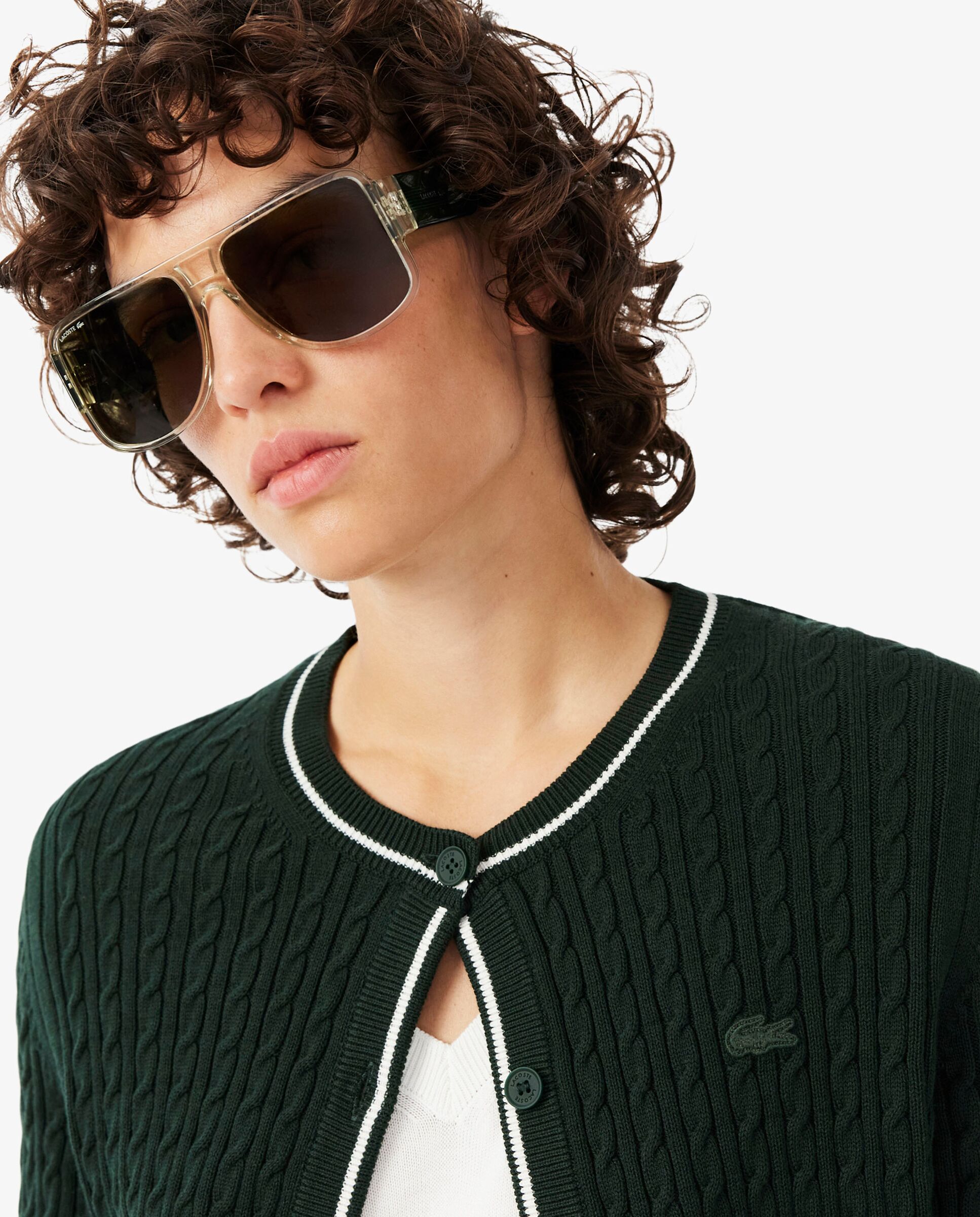 Chaqueta de mujer de punto de rayas con motivo de ochos en verde de manga larga - Lacoste - Verde Verde-3