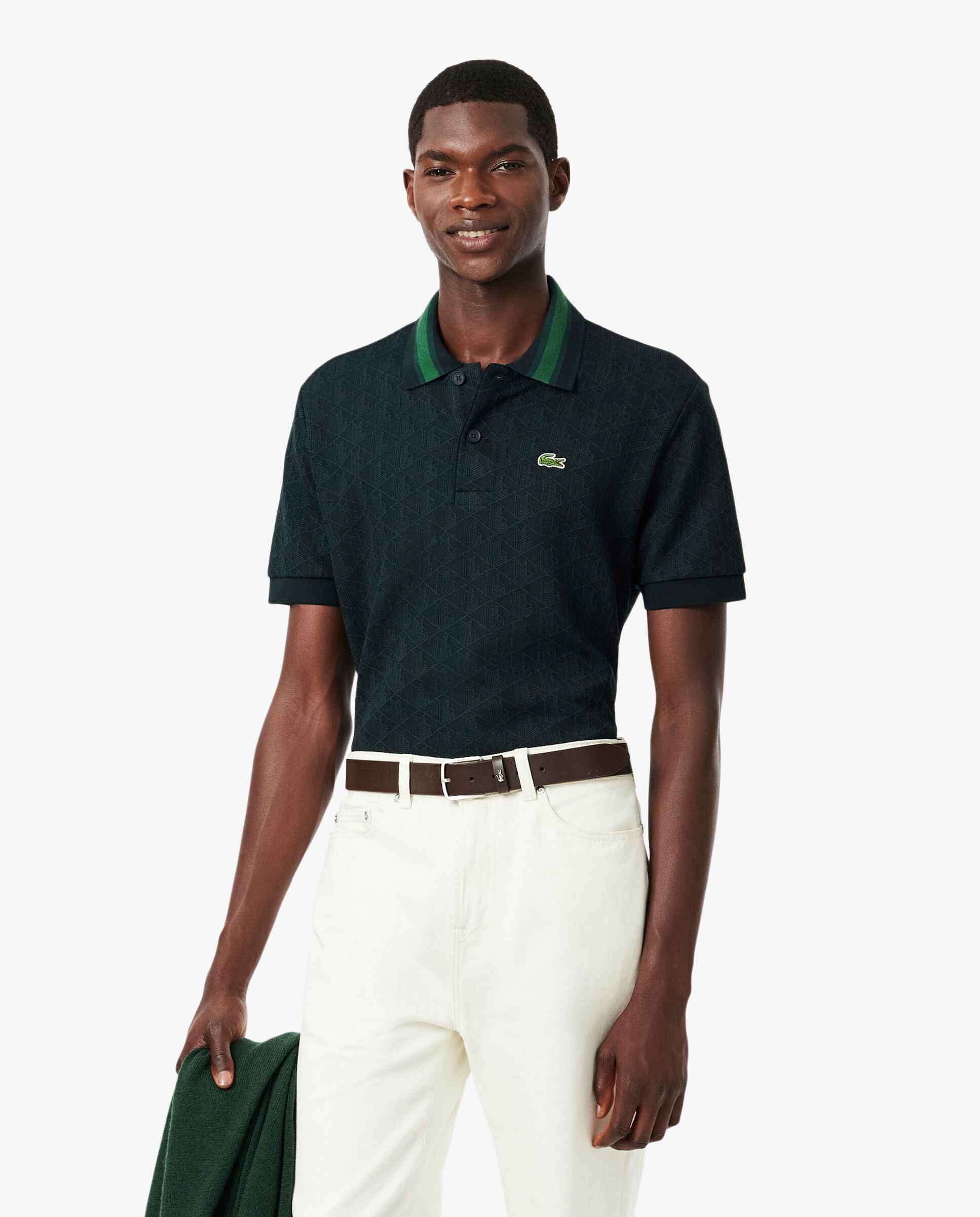 Imagen 0 de Polo de hombre de jacquard de corte clásico con monograma de manga corta Verde oscuro