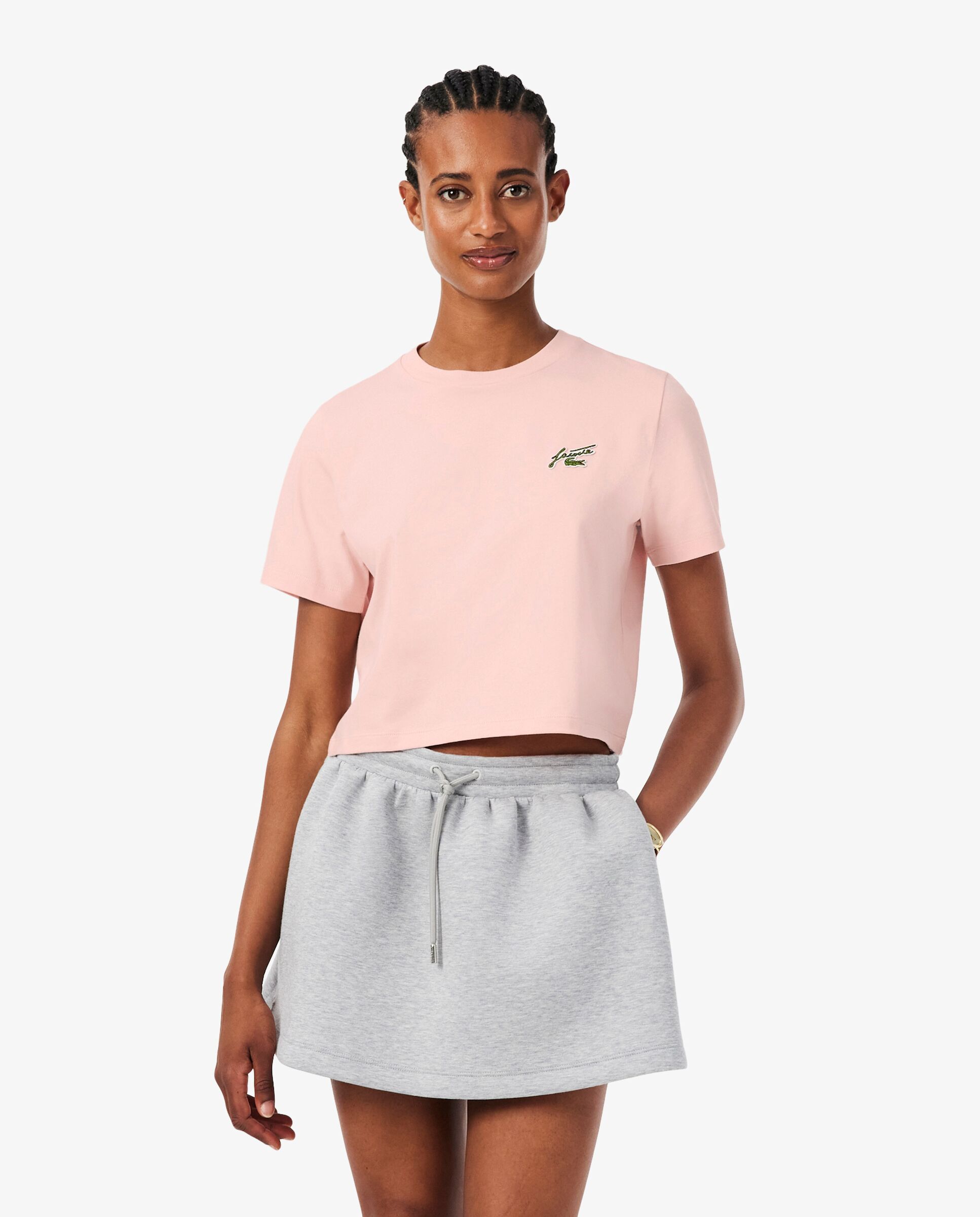 Camiseta de mujer de algodón de corte holgado con insignia en rosa de manga corta - Lacoste - Rosa Rosa-1