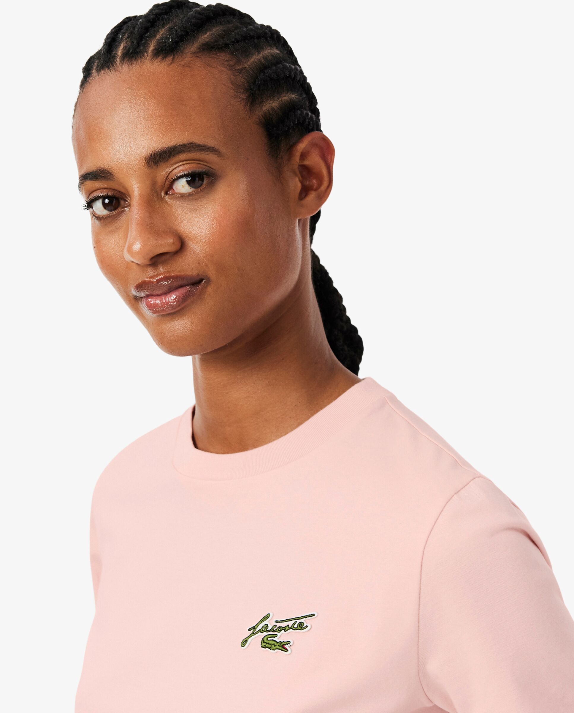 Camiseta de mujer de algodón de corte holgado con insignia en rosa de manga corta - Lacoste - Rosa Rosa-3
