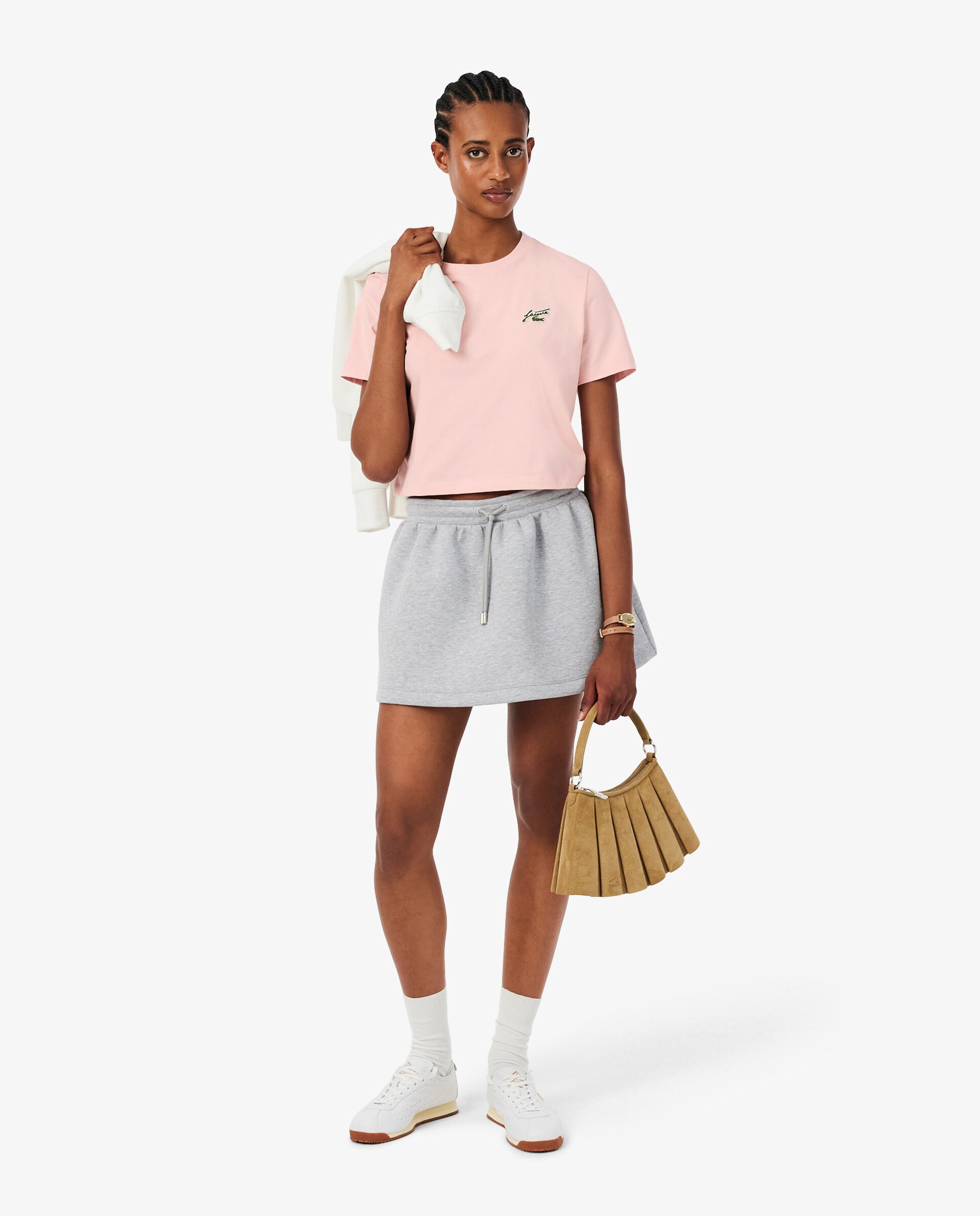 Camiseta de mujer de algodón de corte holgado con insignia en rosa de manga corta - Lacoste - Rosa Rosa-4