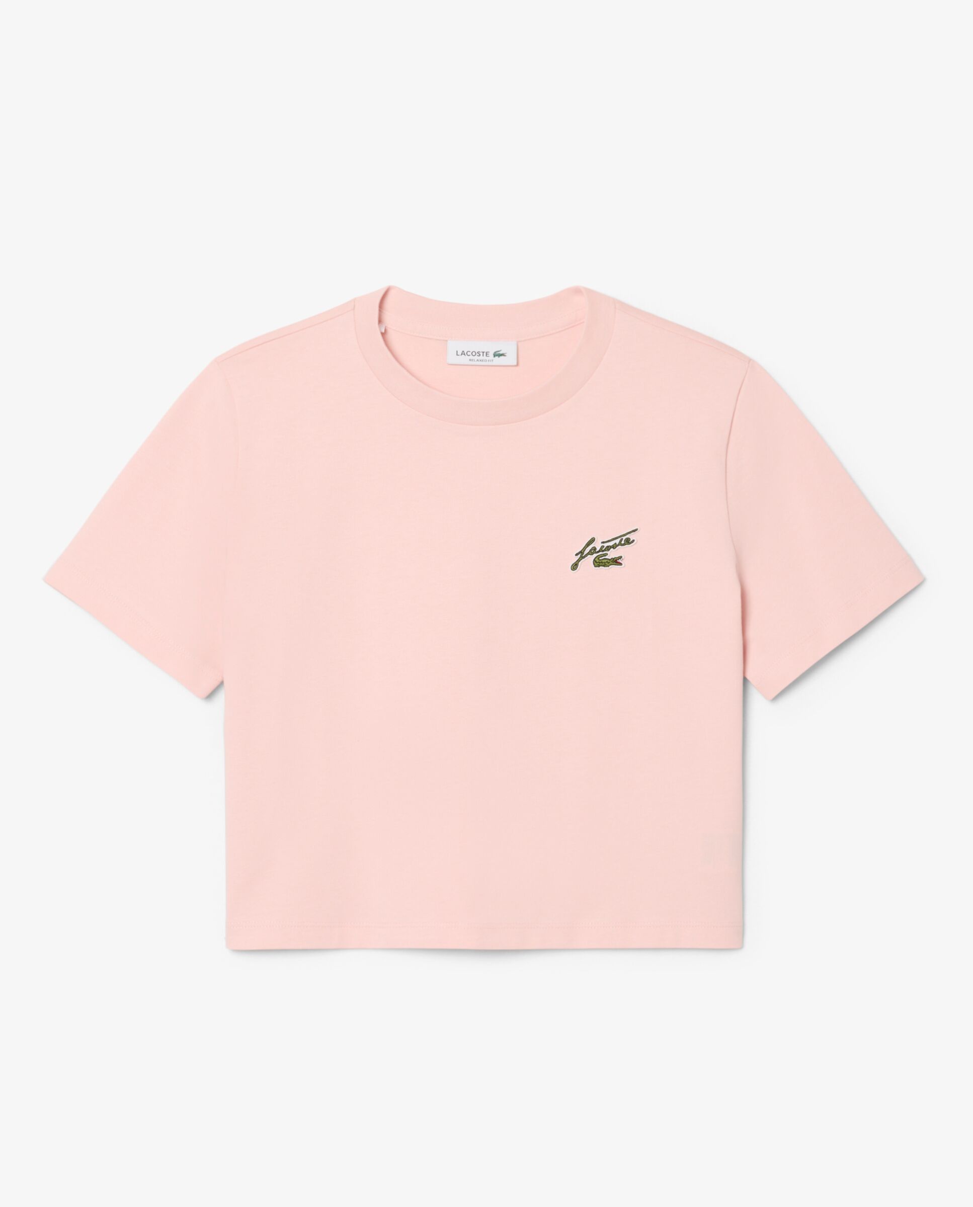 Camiseta de mujer de algodón de corte holgado con insignia en rosa de manga corta - Lacoste - Rosa Rosa-6