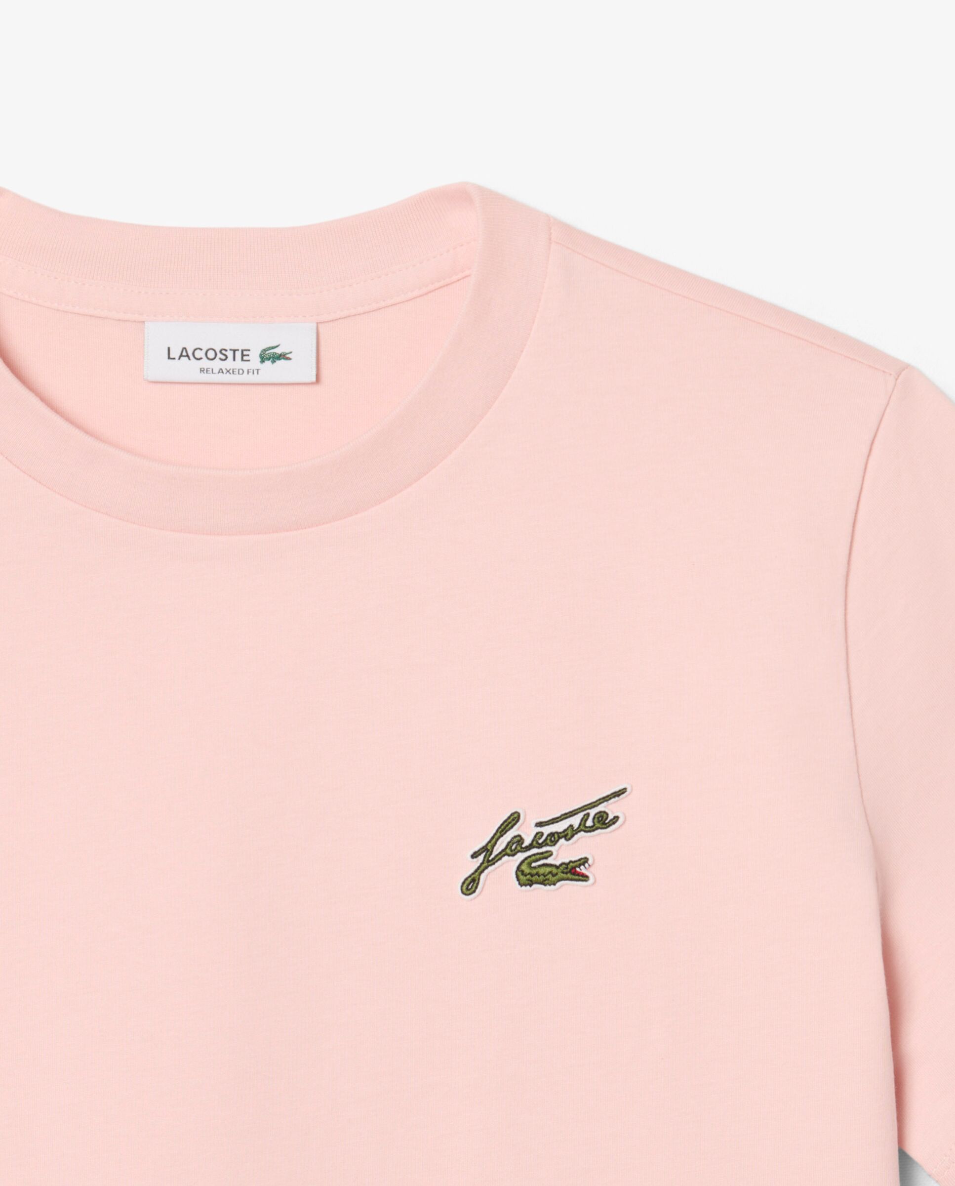 Camiseta de mujer de algodón de corte holgado con insignia en rosa de manga corta - Lacoste - Rosa Rosa-5
