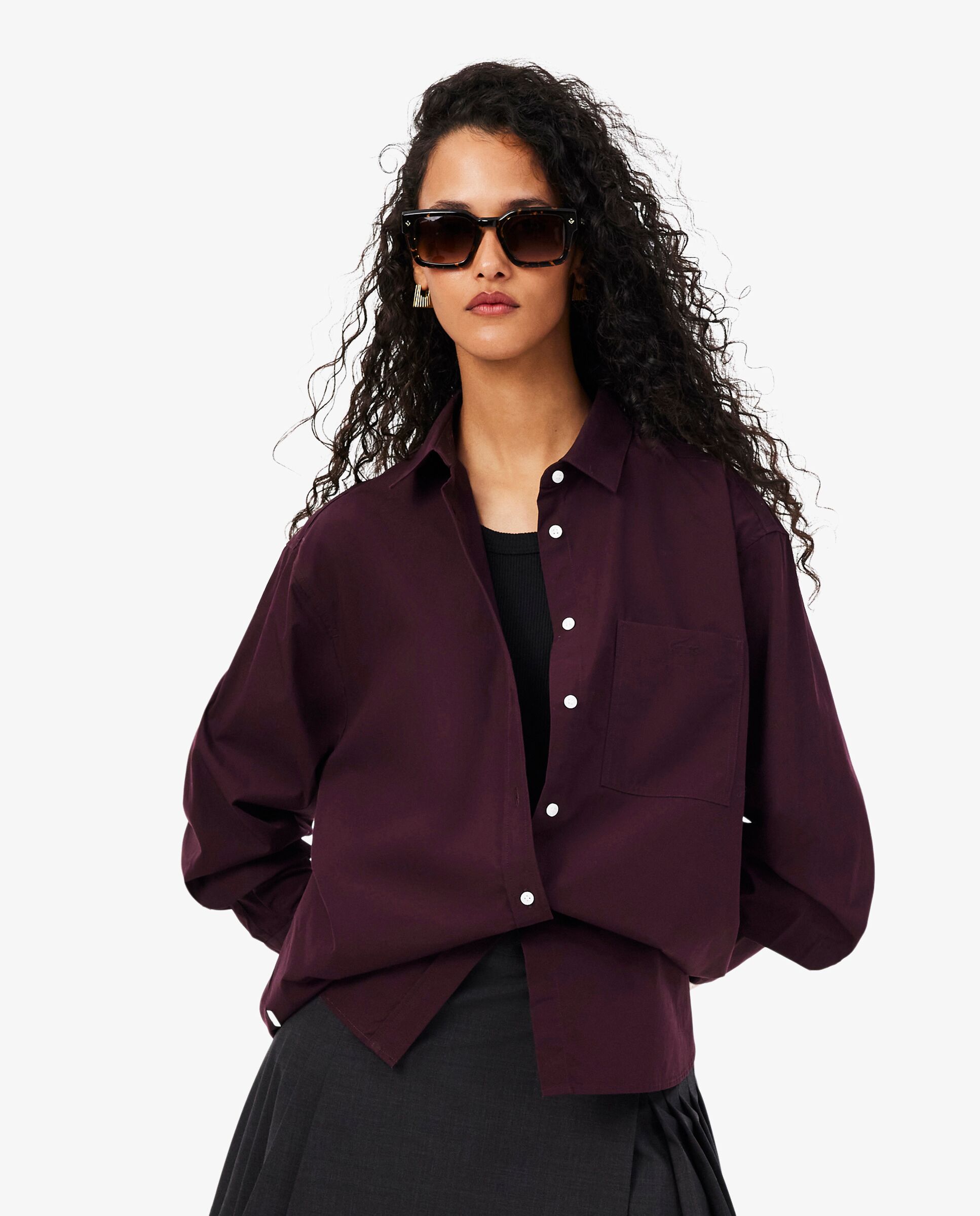 Camisa de mujer oversized de popelín de algodón en marrón de manga larga - Lacoste - Marrón Marrón-1