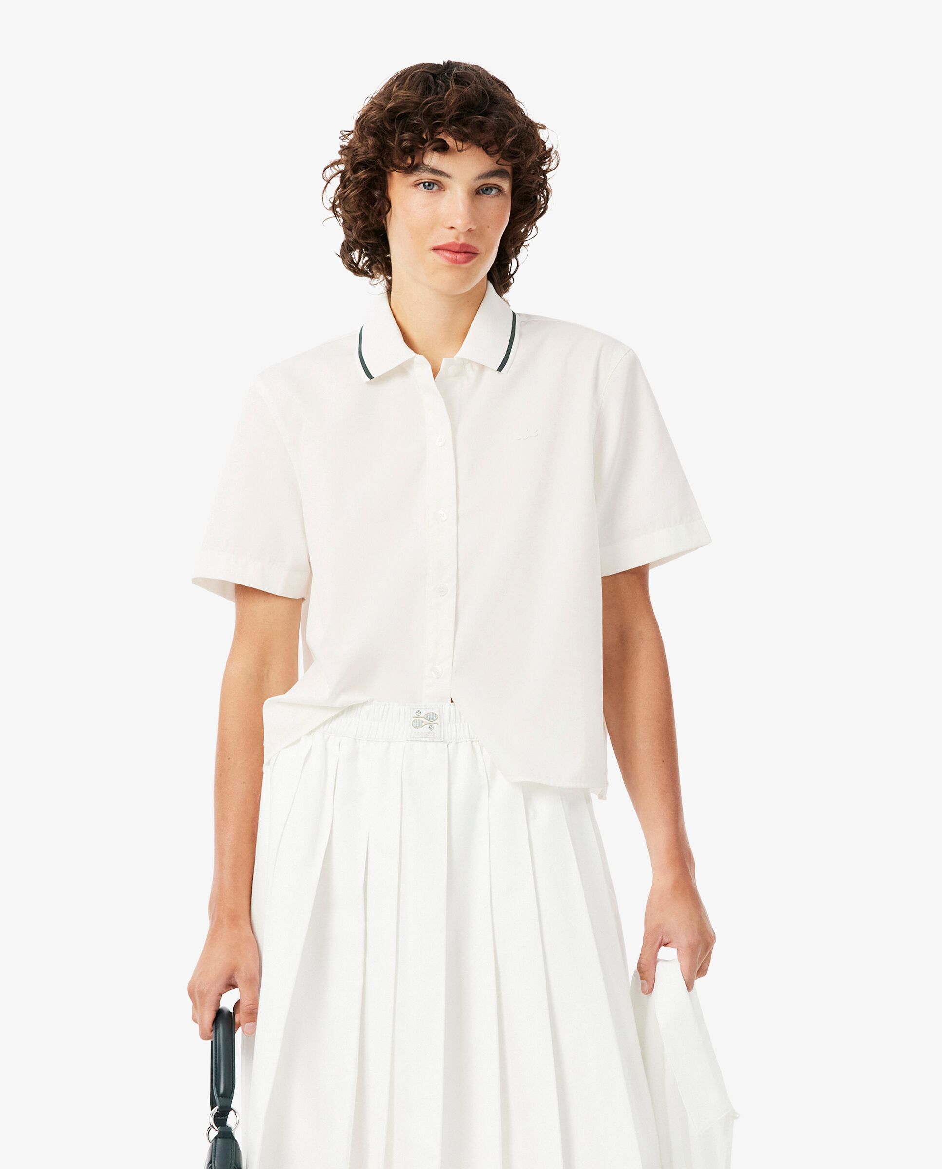 Camisa de mujer oversize con efecto petit piqué en azul de manga corta - Lacoste - Blanco Blanco-1