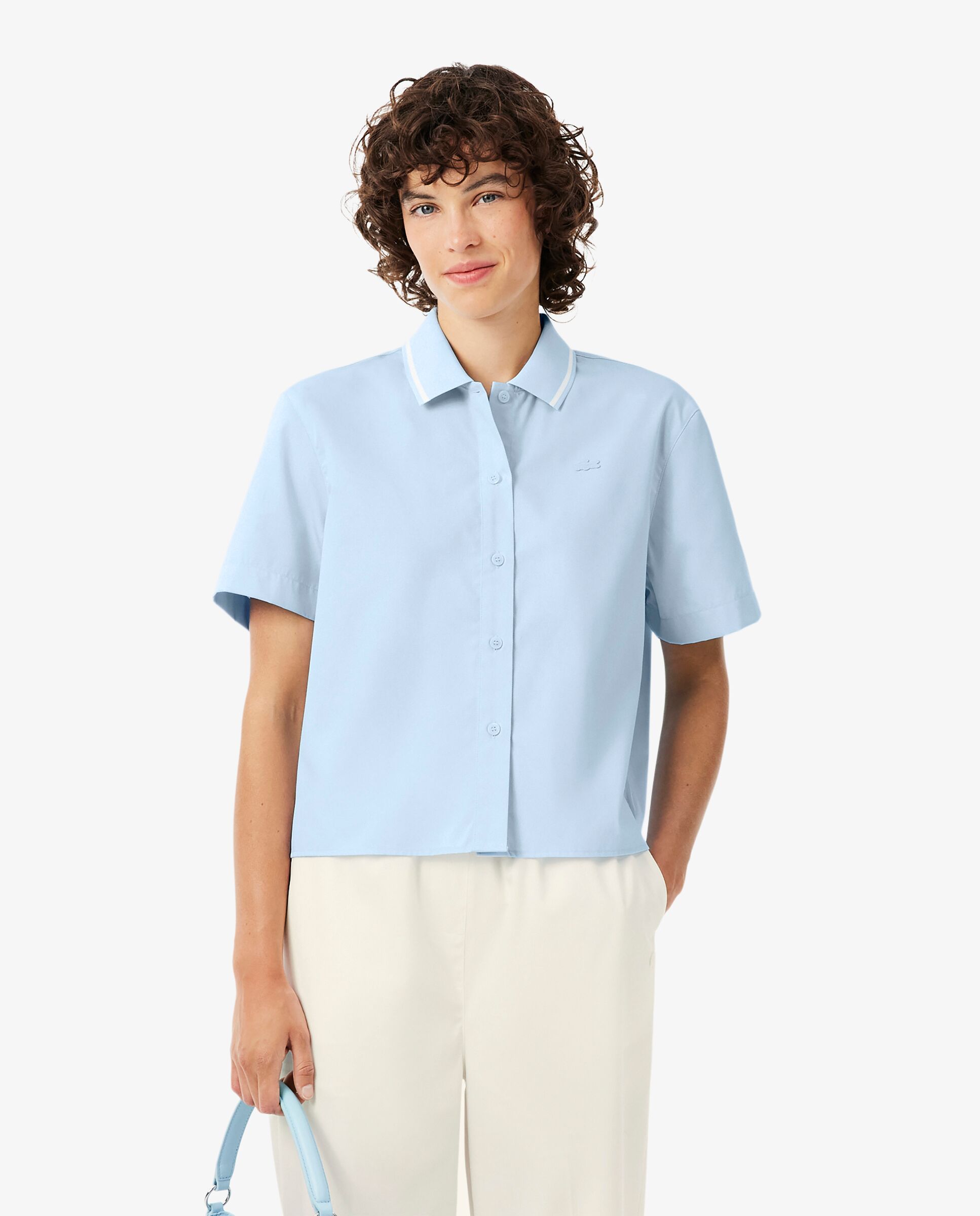 Camisa de mujer oversize con efecto petit piqué en azul de manga corta - Lacoste - Azul claro Azul claro-1