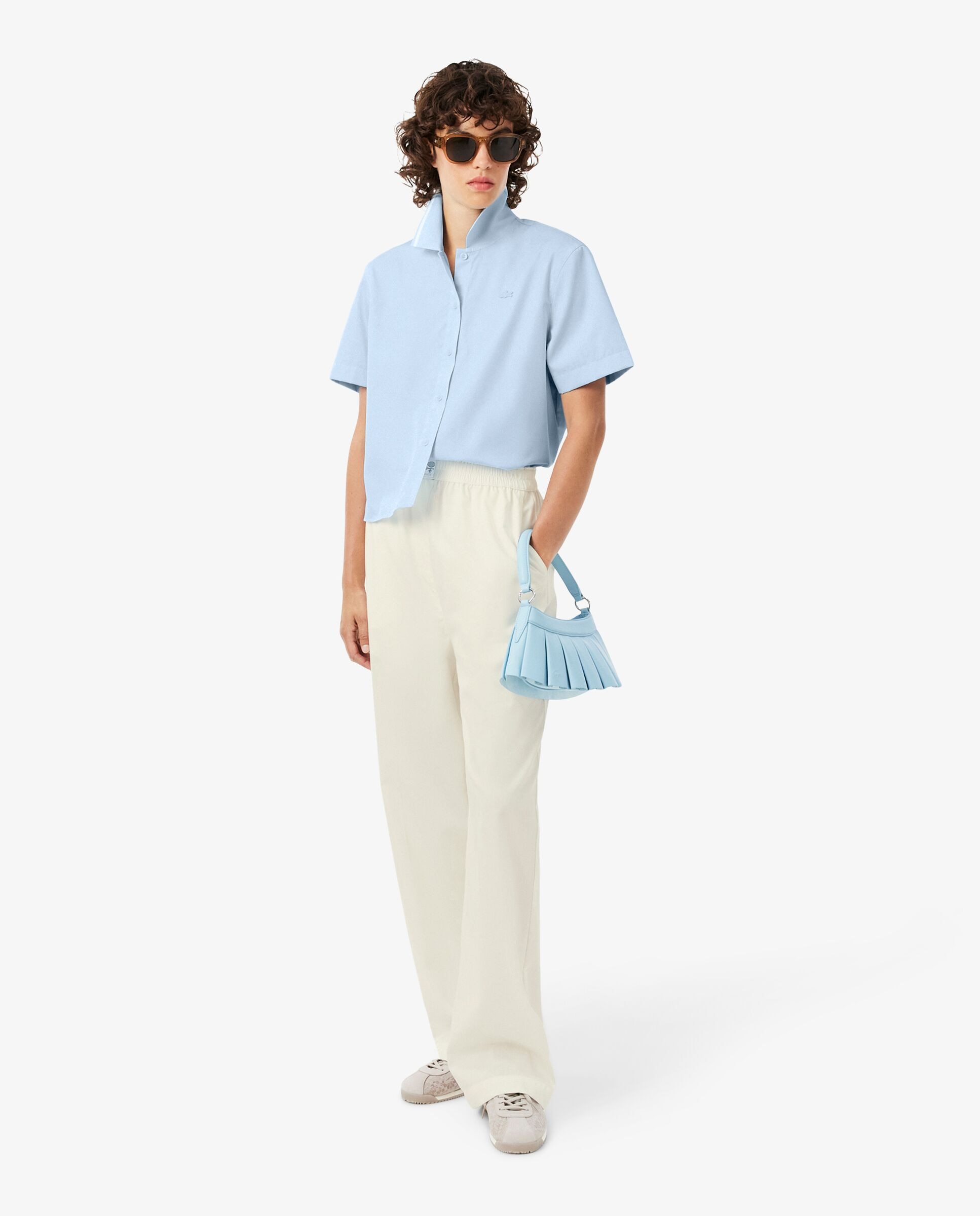 Camisa de mujer oversize con efecto petit piqué en azul de manga corta - Lacoste - Azul claro Azul claro-4