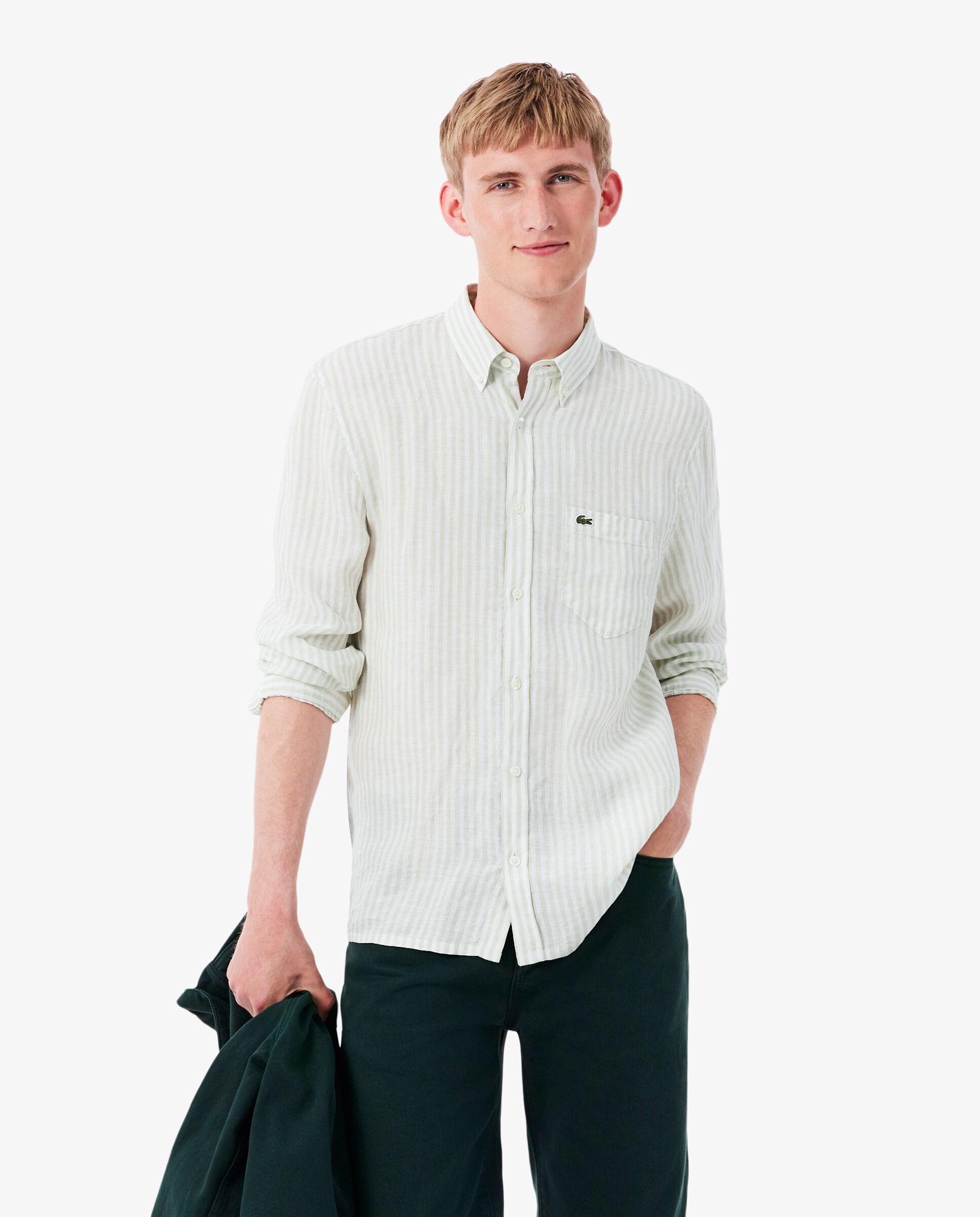 Imagen 1 de Camisa de hombre de lino de corte regular de rayas de manga larga - Verde Verde