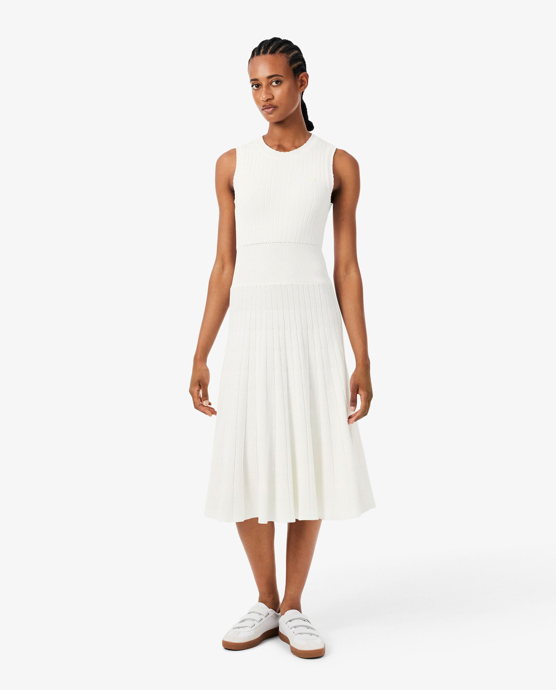 Vestido plisado de canalé de mezcla de algodón en blanco de manga sin mangas - Lacoste - Blanco Blanco-1