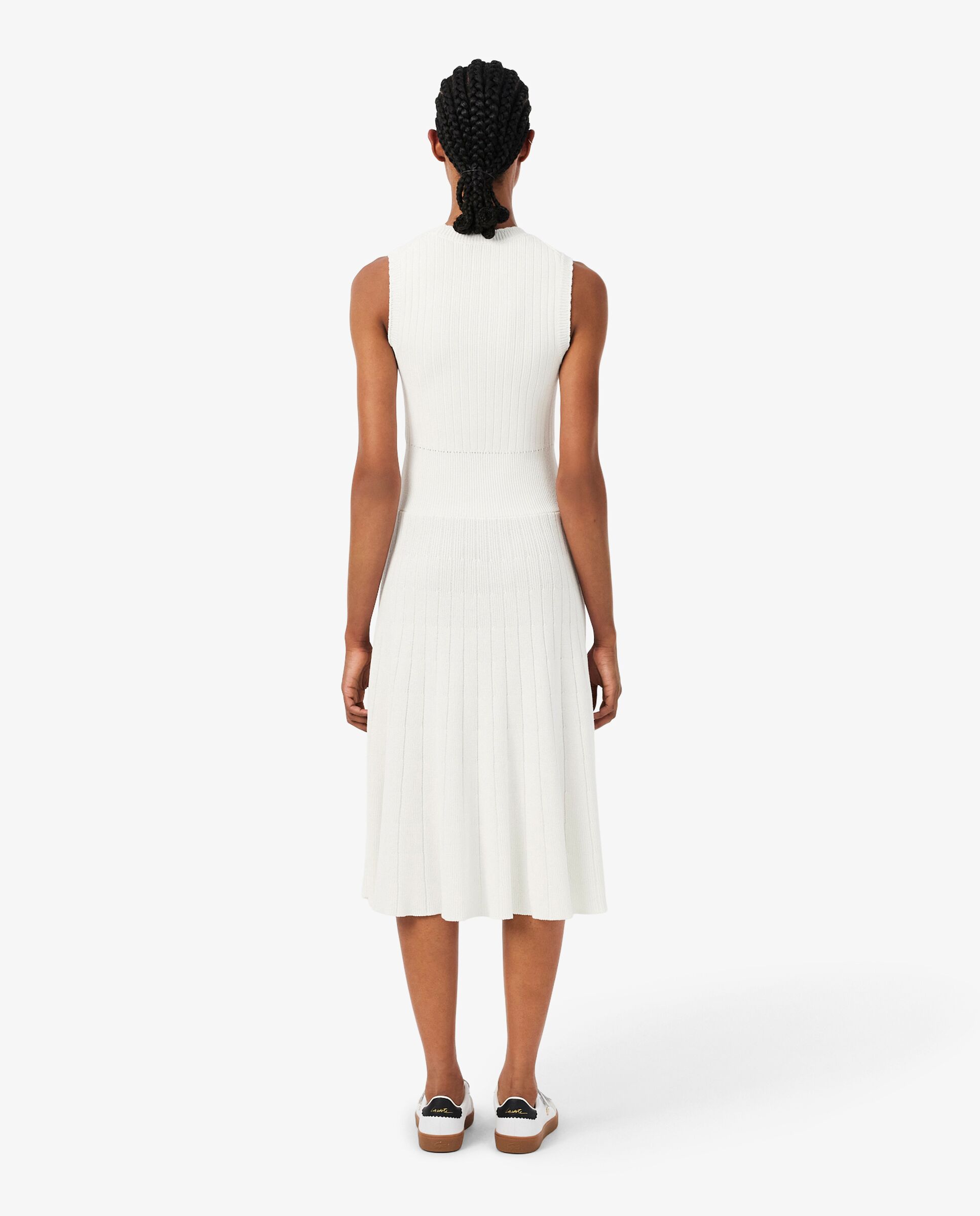 Vestido plisado de canalé de mezcla de algodón en blanco de manga sin mangas - Lacoste - Blanco Blanco-2