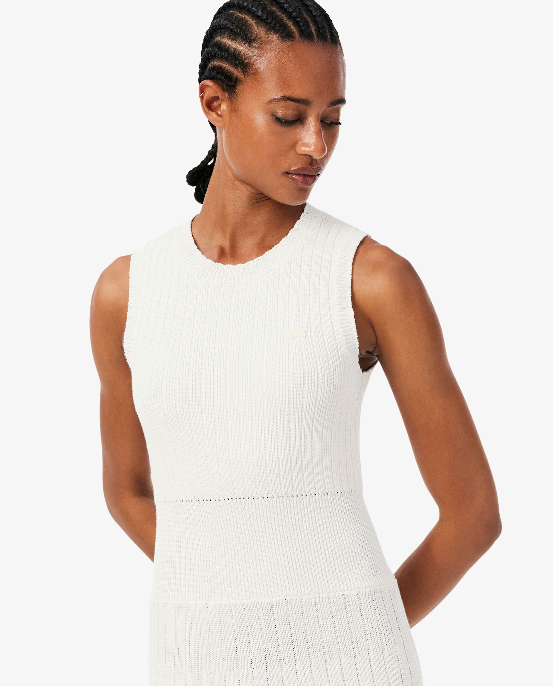 Vestido plisado de canalé de mezcla de algodón en blanco de manga sin mangas - Lacoste - Blanco Blanco-3