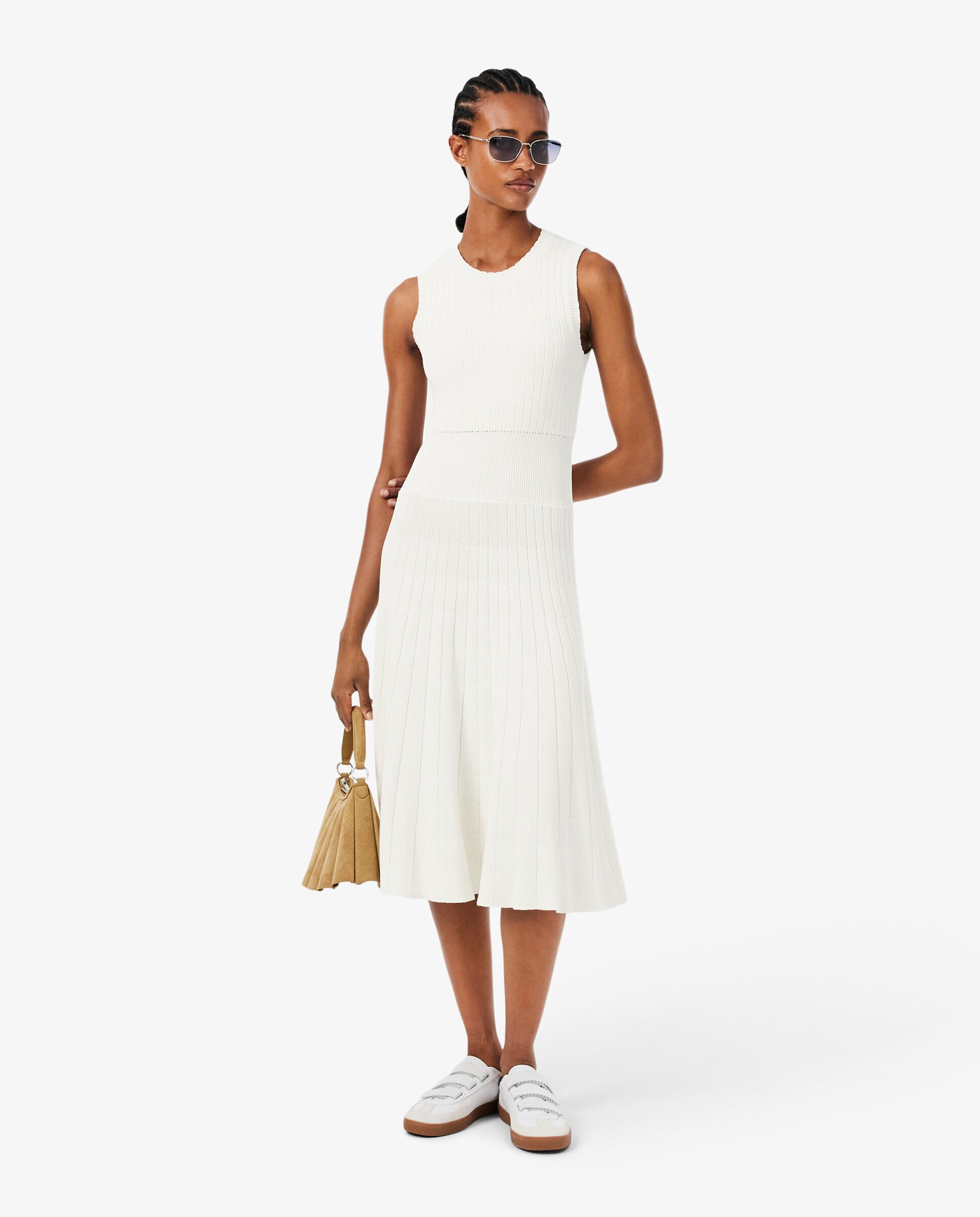 Vestido plisado de canalé de mezcla de algodón en blanco de manga sin mangas - Lacoste - Blanco Blanco-4