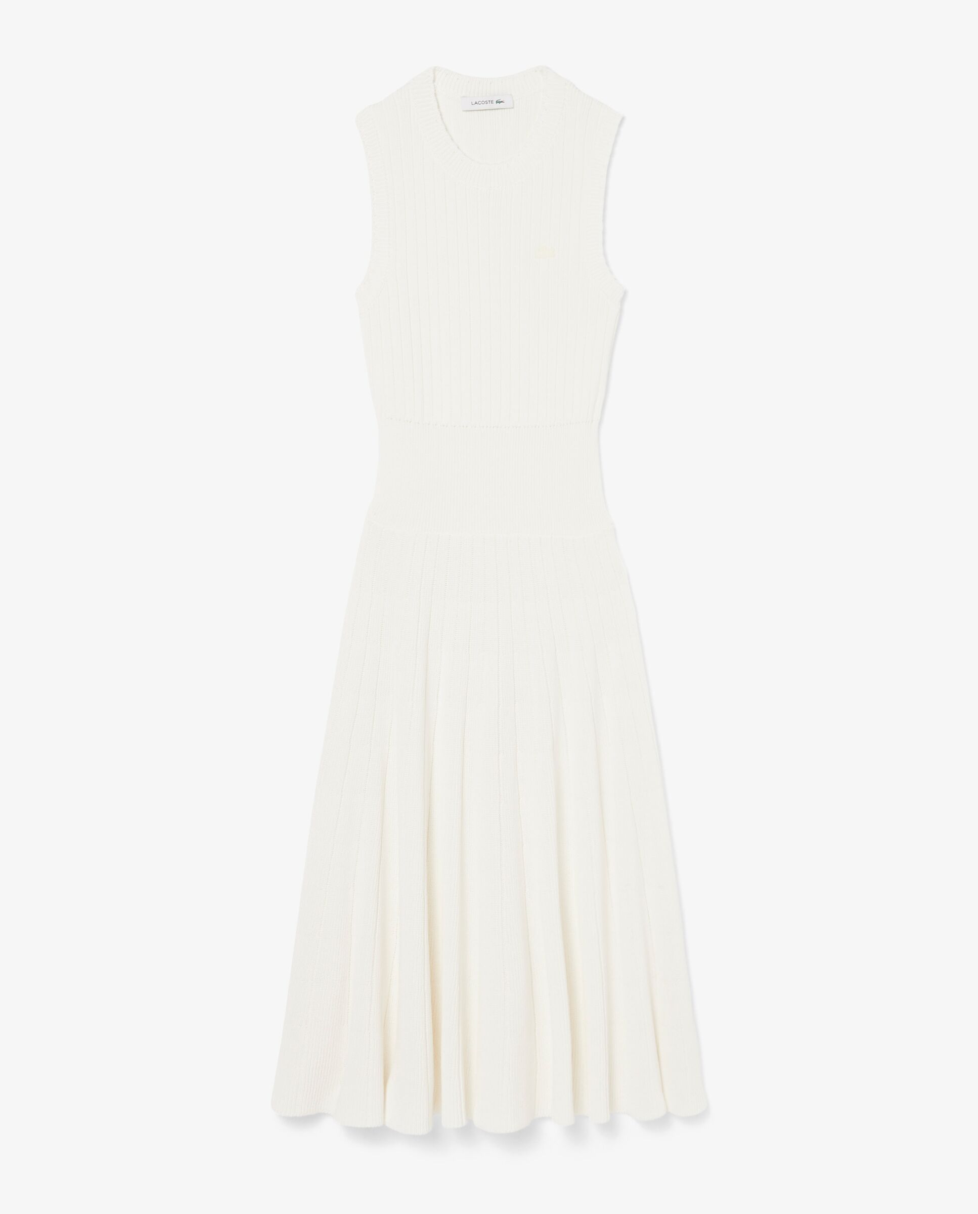 Vestido plisado de canalé de mezcla de algodón en blanco de manga sin mangas - Lacoste - Blanco Blanco-6