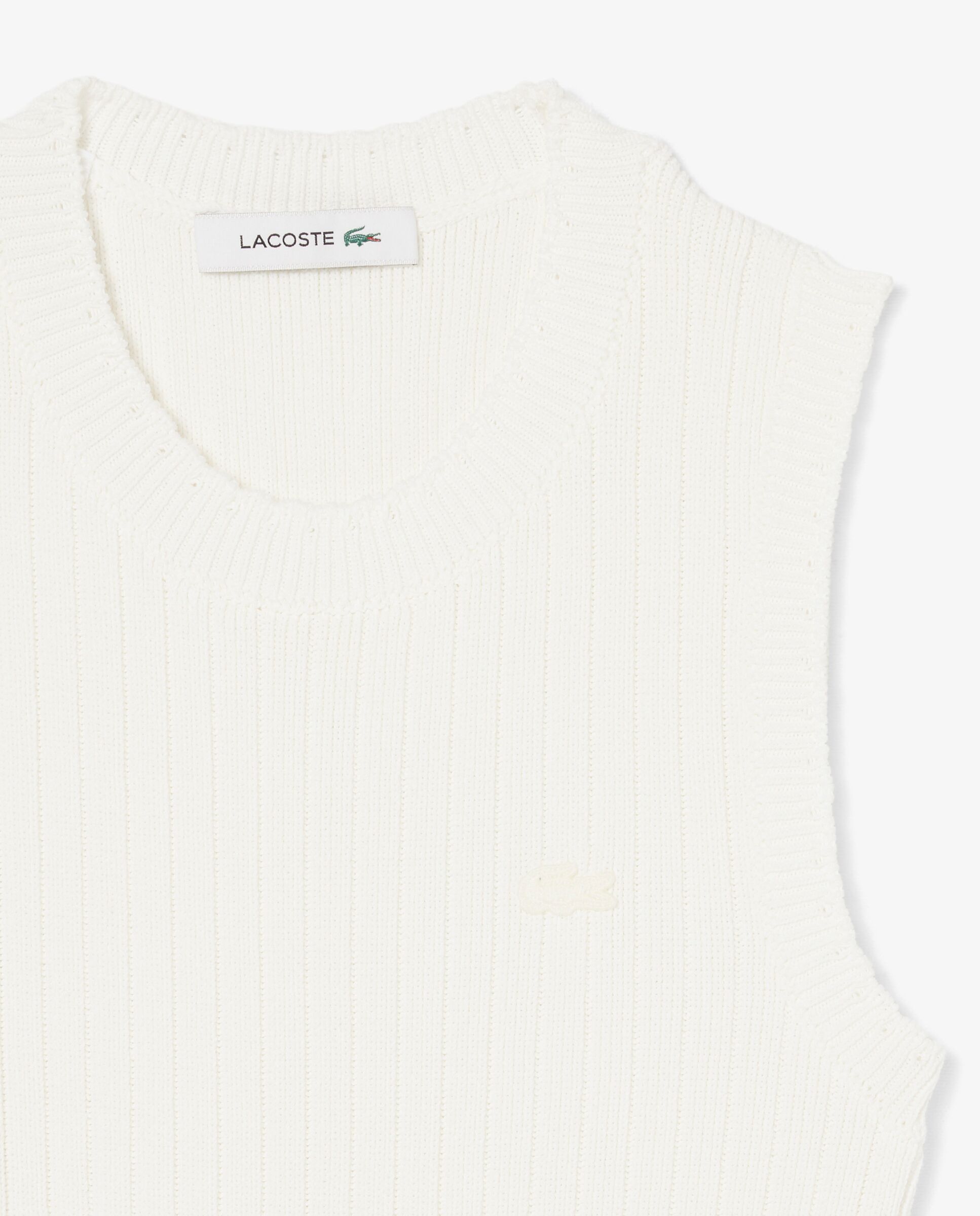 Vestido plisado de canalé de mezcla de algodón en blanco de manga sin mangas - Lacoste - Blanco Blanco-5