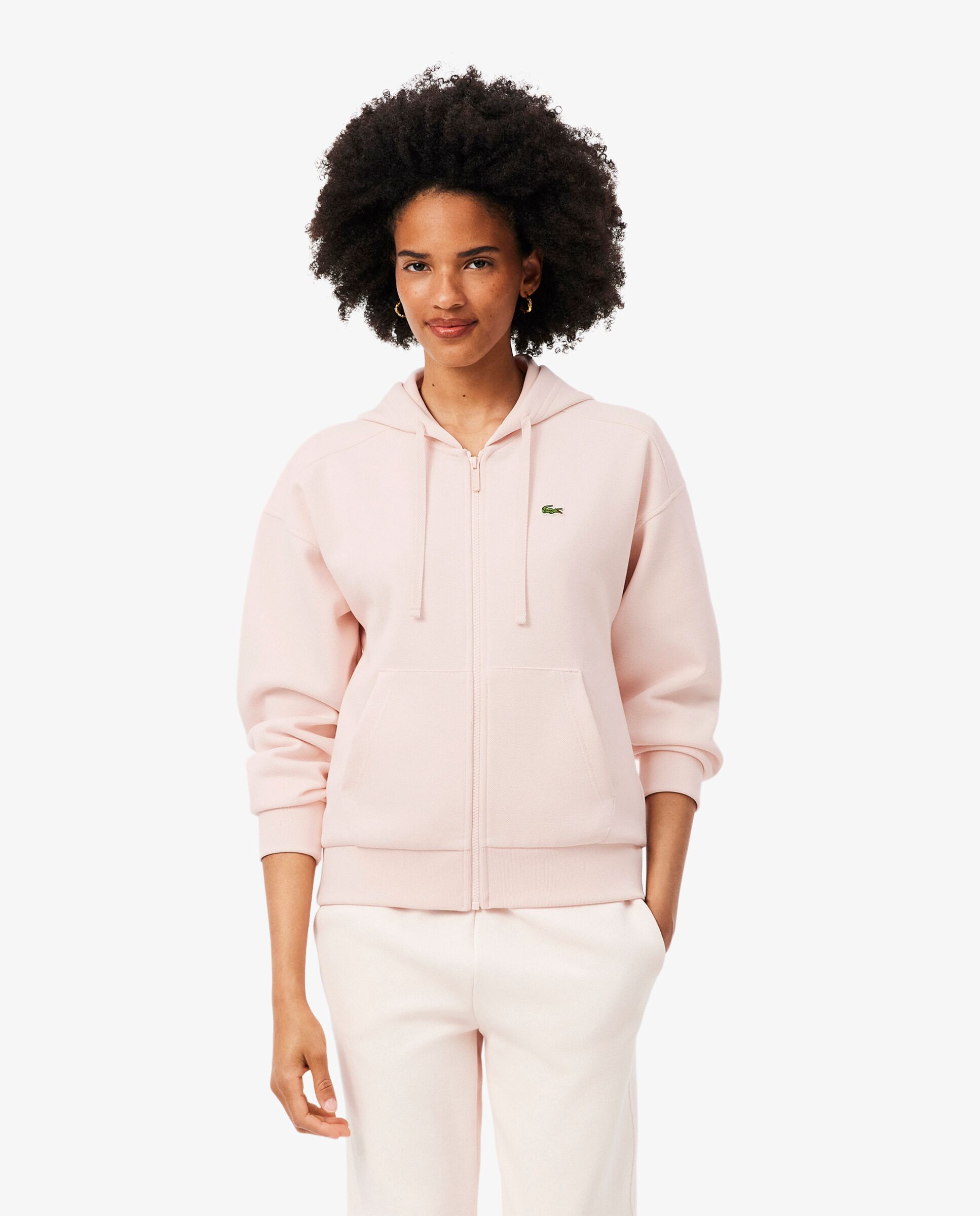 Sudadera de mujer con capucha de piqué con cremallera en blanco - Lacoste - Rosa Rosa-1