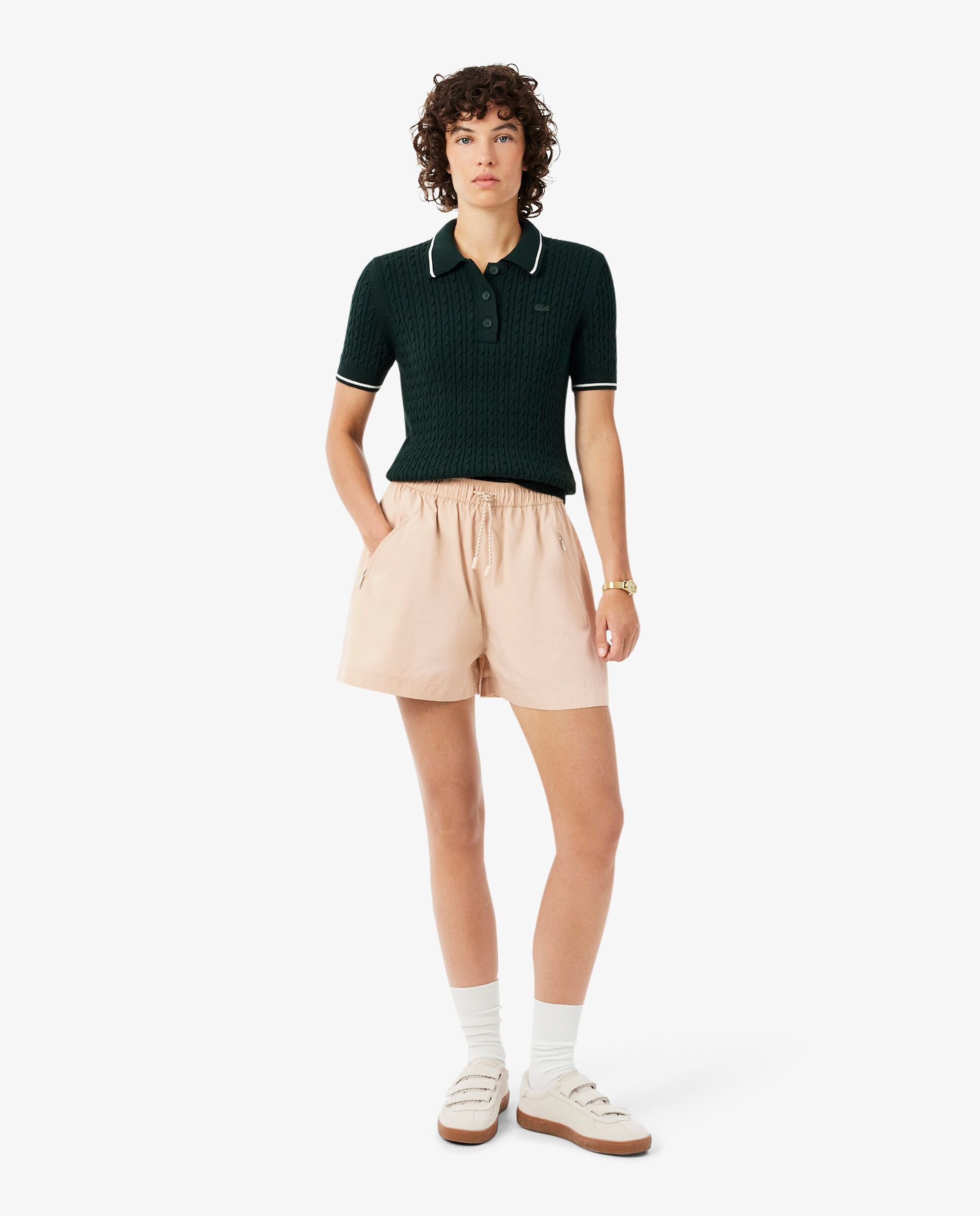 Pantalón de mujer corto de tafetán oversize en marrón - Lacoste - Beige Beige-1