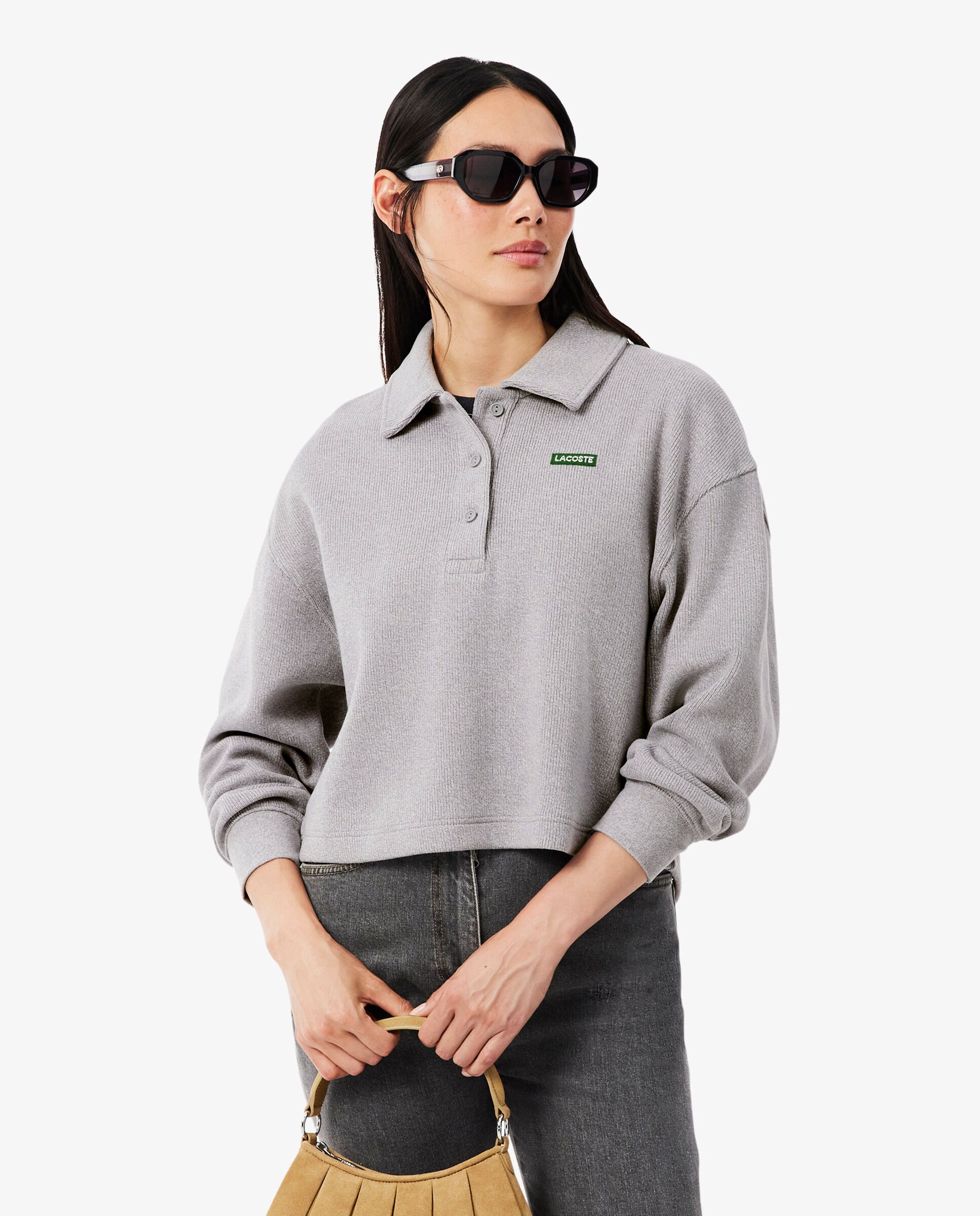 Imagen 0 de Sudadera de mujer oversize de cuello de polo de mujer de canalé en negro Gris oscuro