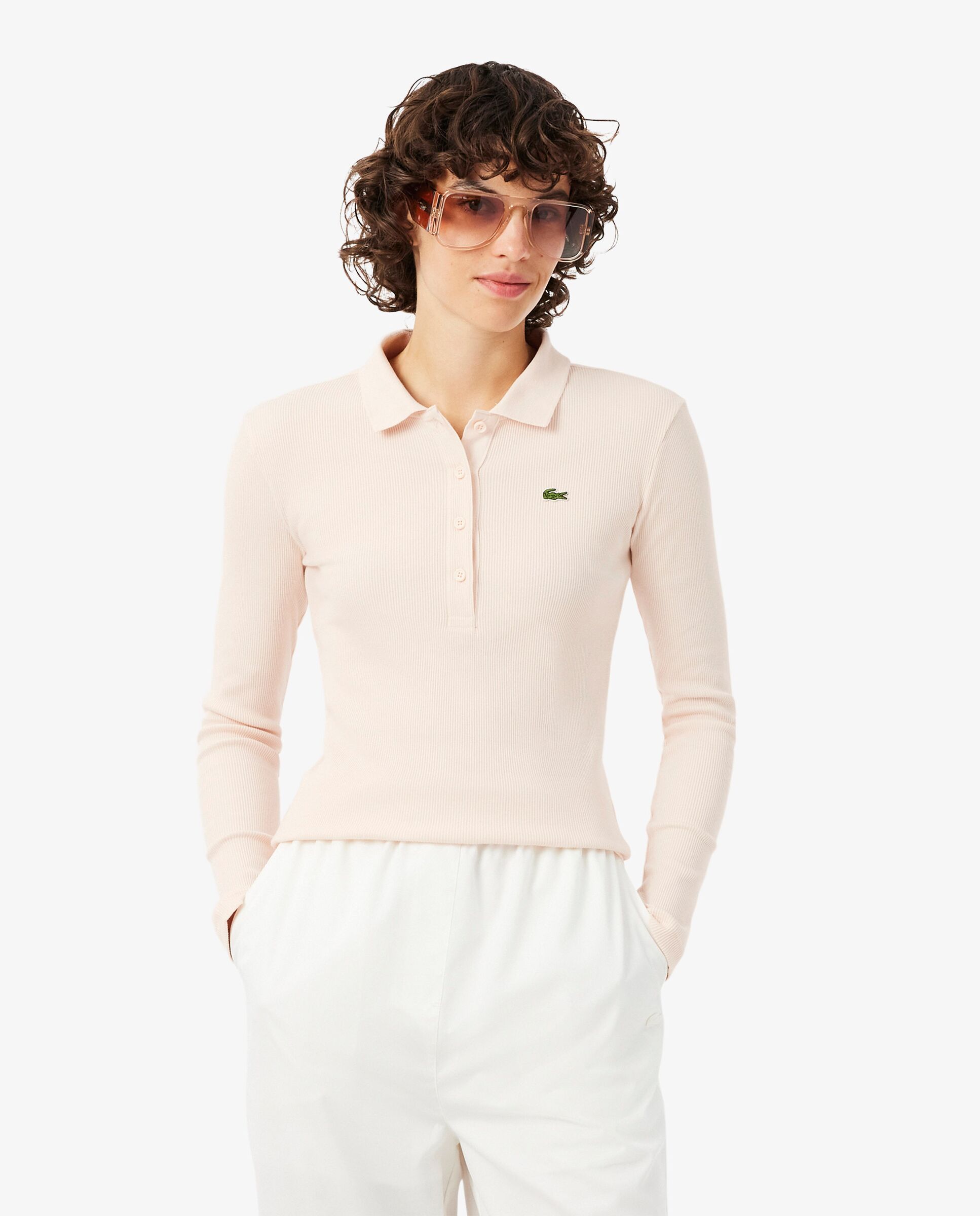 Polo de mujer de canalé de algodón de corte ajustado en blanco de manga larga - Lacoste - Rosa Rosa-1