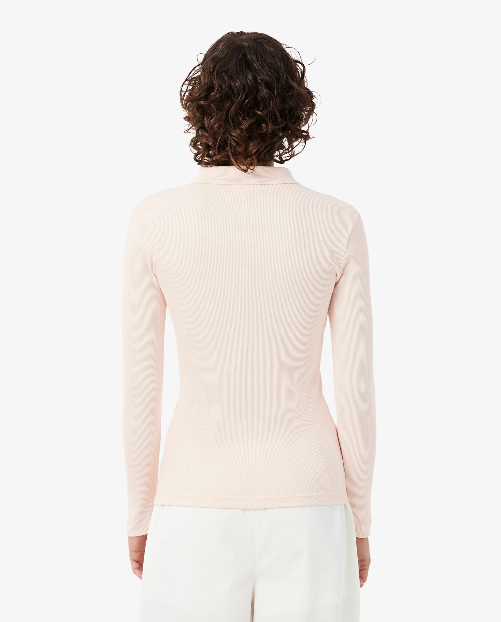 Polo de mujer de canalé de algodón de corte ajustado en blanco de manga larga - Lacoste - Rosa Rosa-2