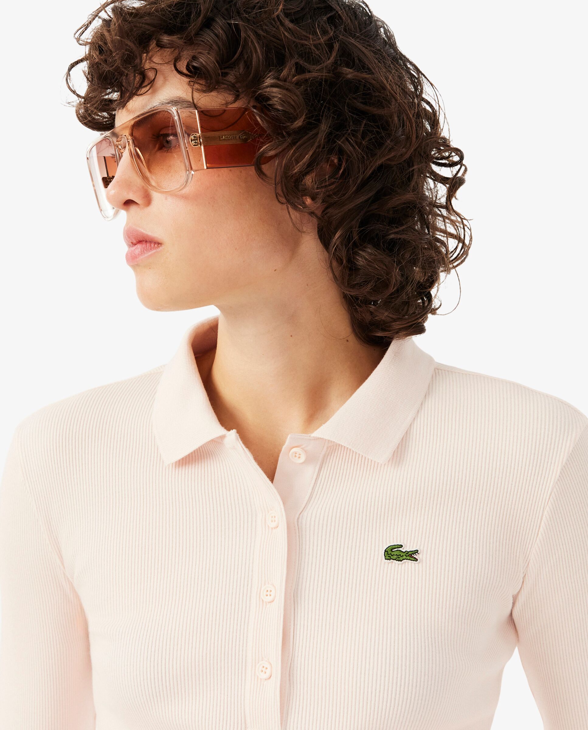 Polo de mujer de canalé de algodón de corte ajustado en blanco de manga larga - Lacoste - Rosa Rosa-3