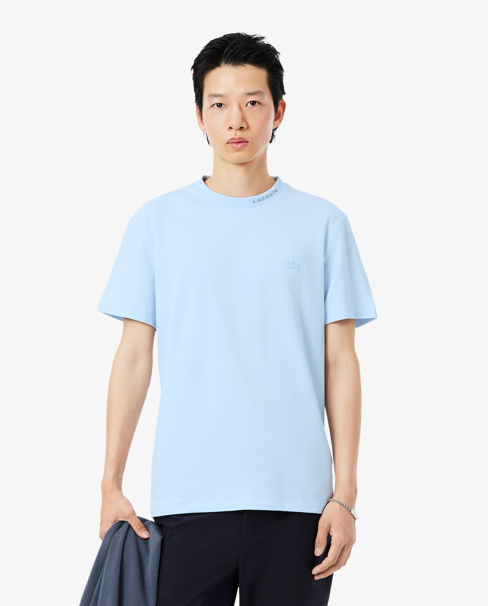 Camiseta de hombre de piqué con detalles de marca de jacquard de manga corta - Lacoste - Azul claro Azul claro-1