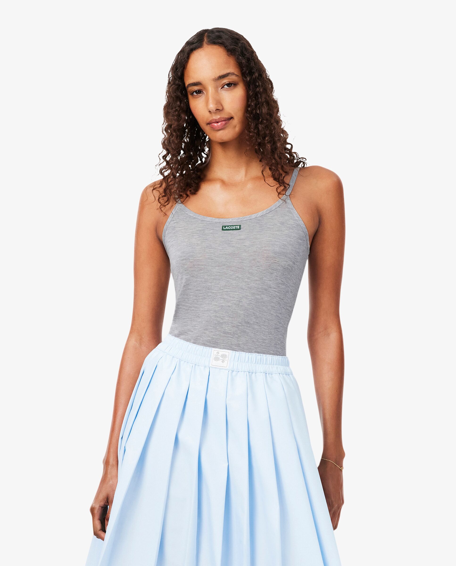 Camiseta de mujer de tirantes de punto de corte ajustado con insignia en negro de manga corta - Lacoste - Gris oscuro Gris oscuro-1