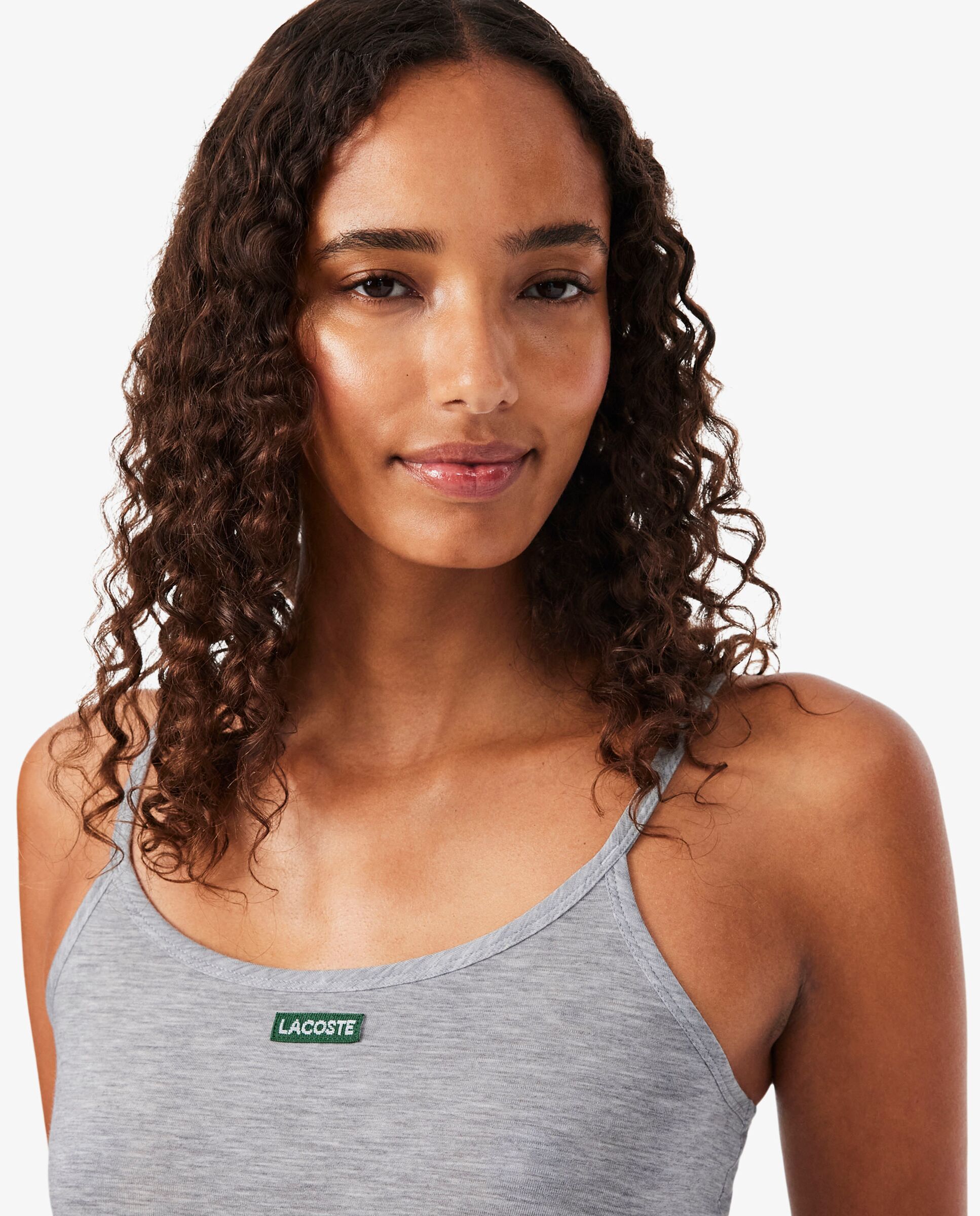 Camiseta de mujer de tirantes de punto de corte ajustado con insignia en negro de manga corta - Lacoste - Gris oscuro Gris oscuro-3