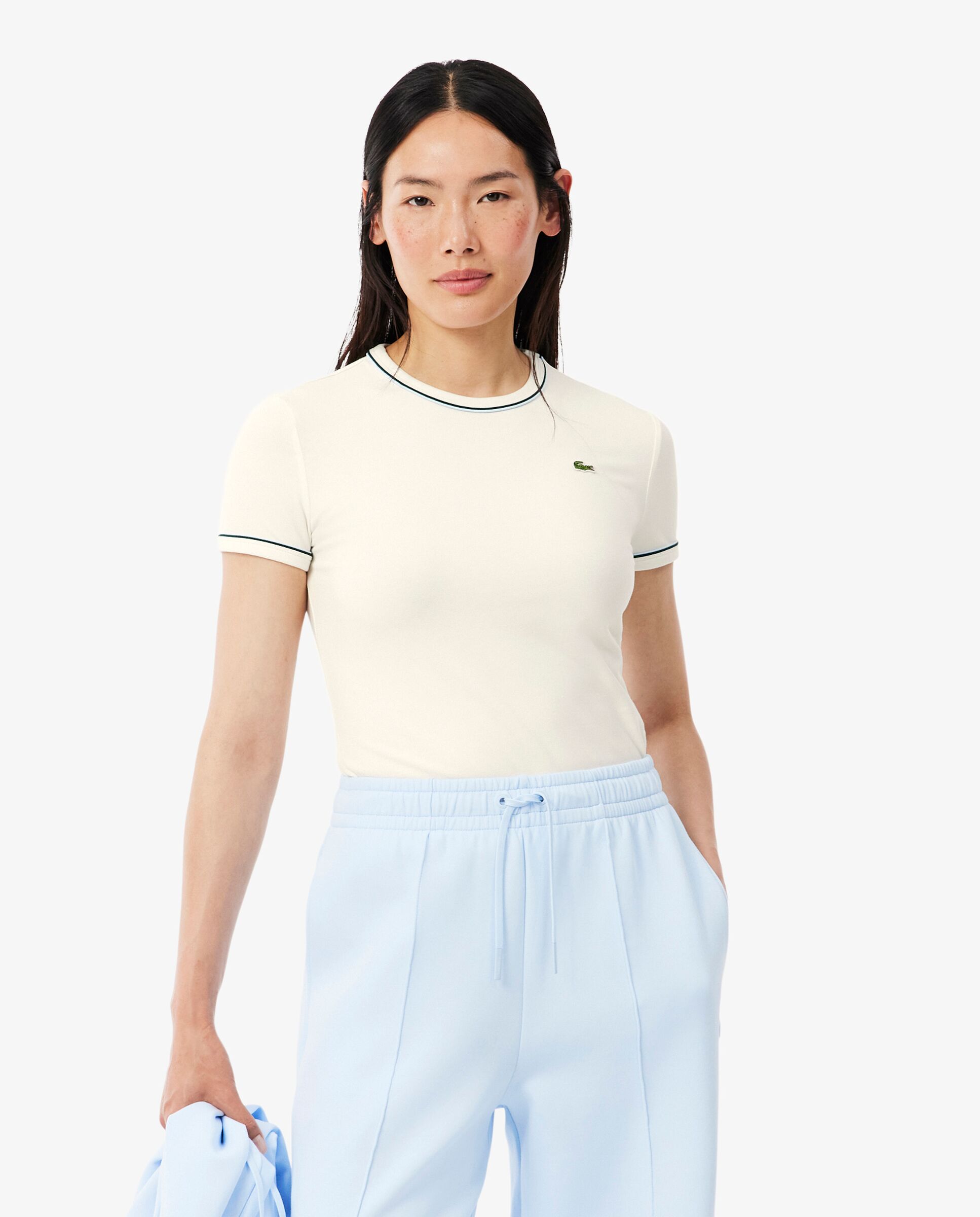 Camiseta de mujer de punto con ribete en contraste de manga corta - Lacoste - Blanco Blanco-1