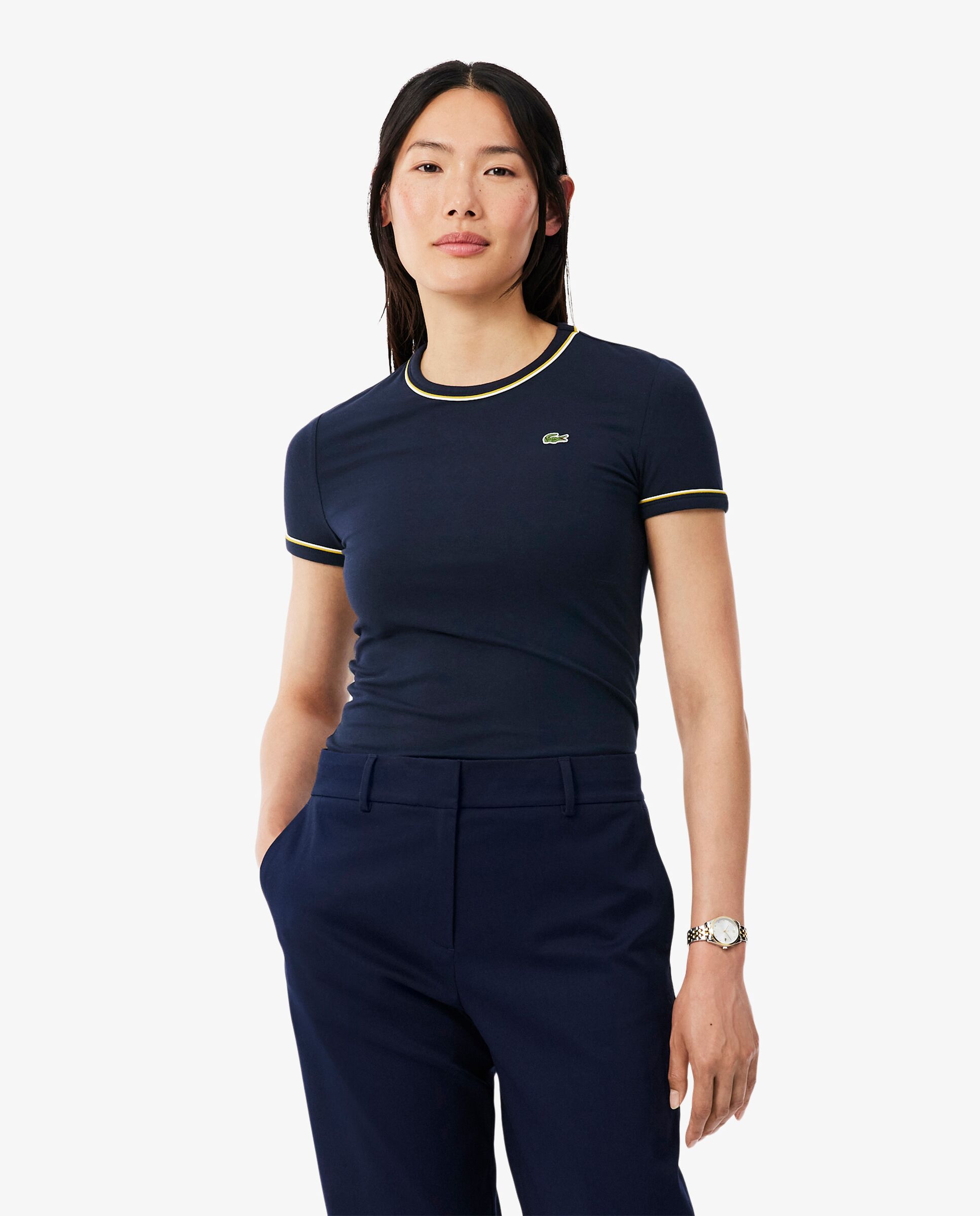 Camiseta de mujer de punto con ribete en contraste de manga corta - Lacoste - Amarillo Amarillo-1
